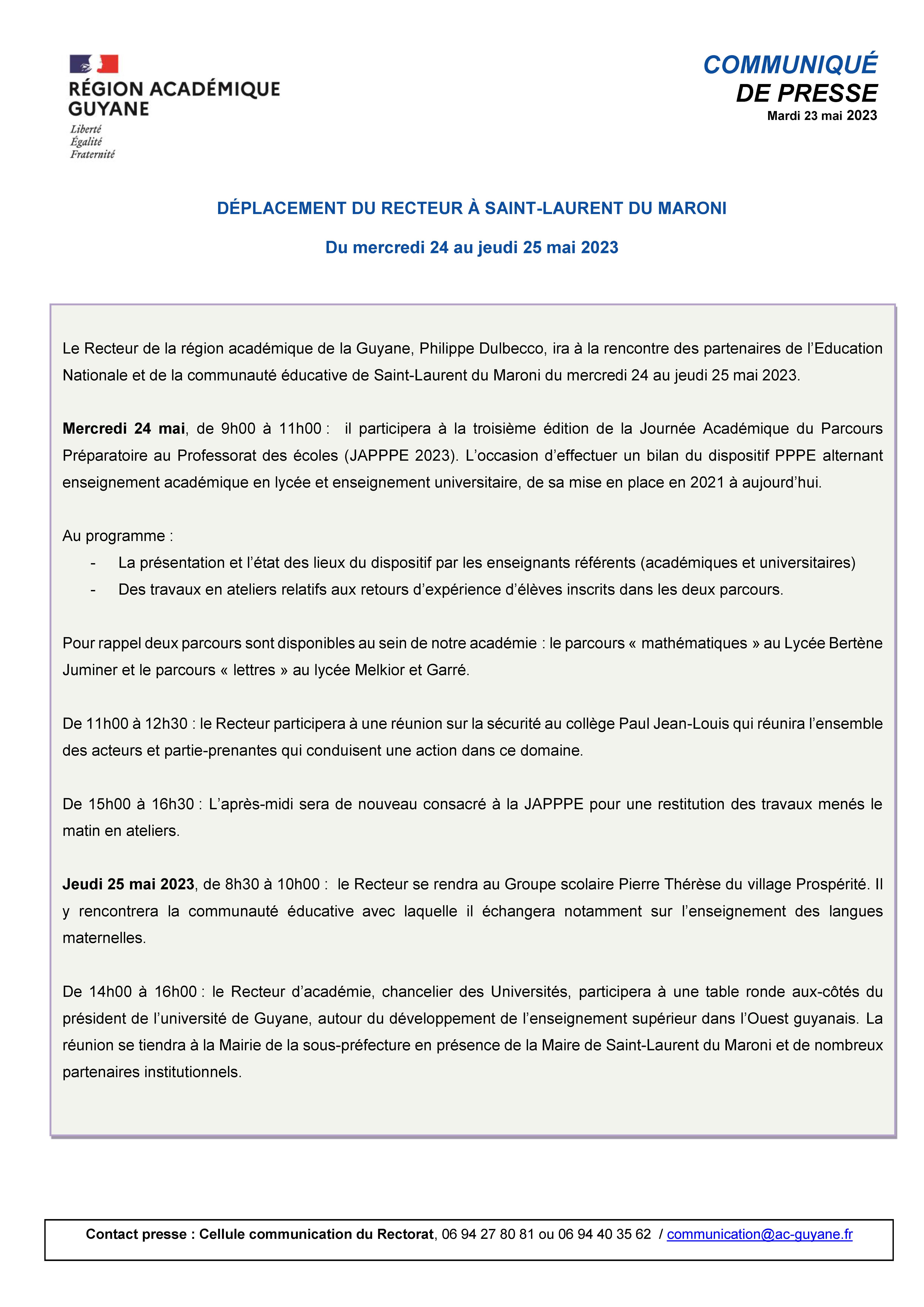 [CP]Déplacement du Recteur à Saint-Laurent du Maroni - du 24 au 25 mai 2023