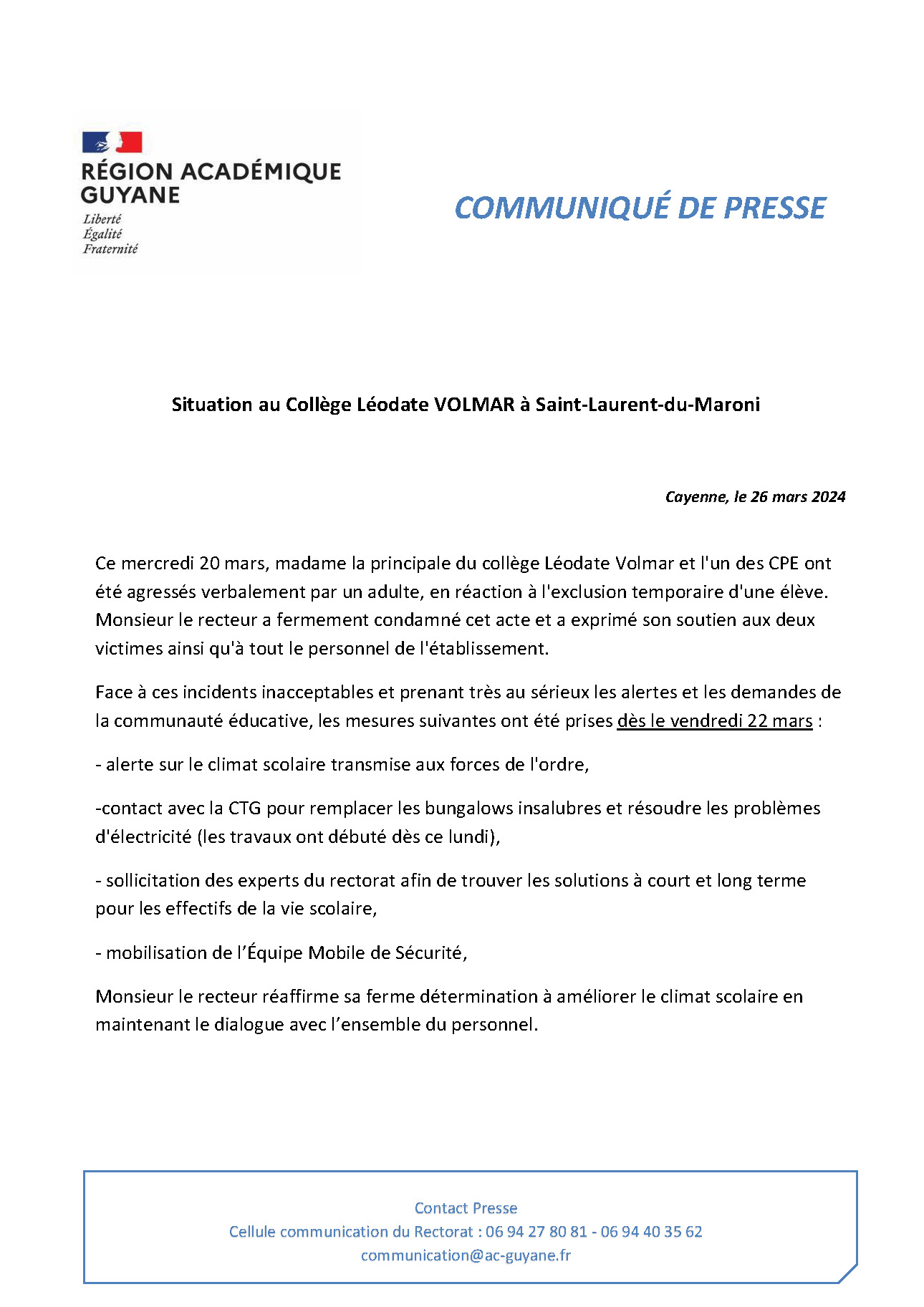 Situation au Collège Léodate VOLMAR à Saint-Laurent-du-Maroni