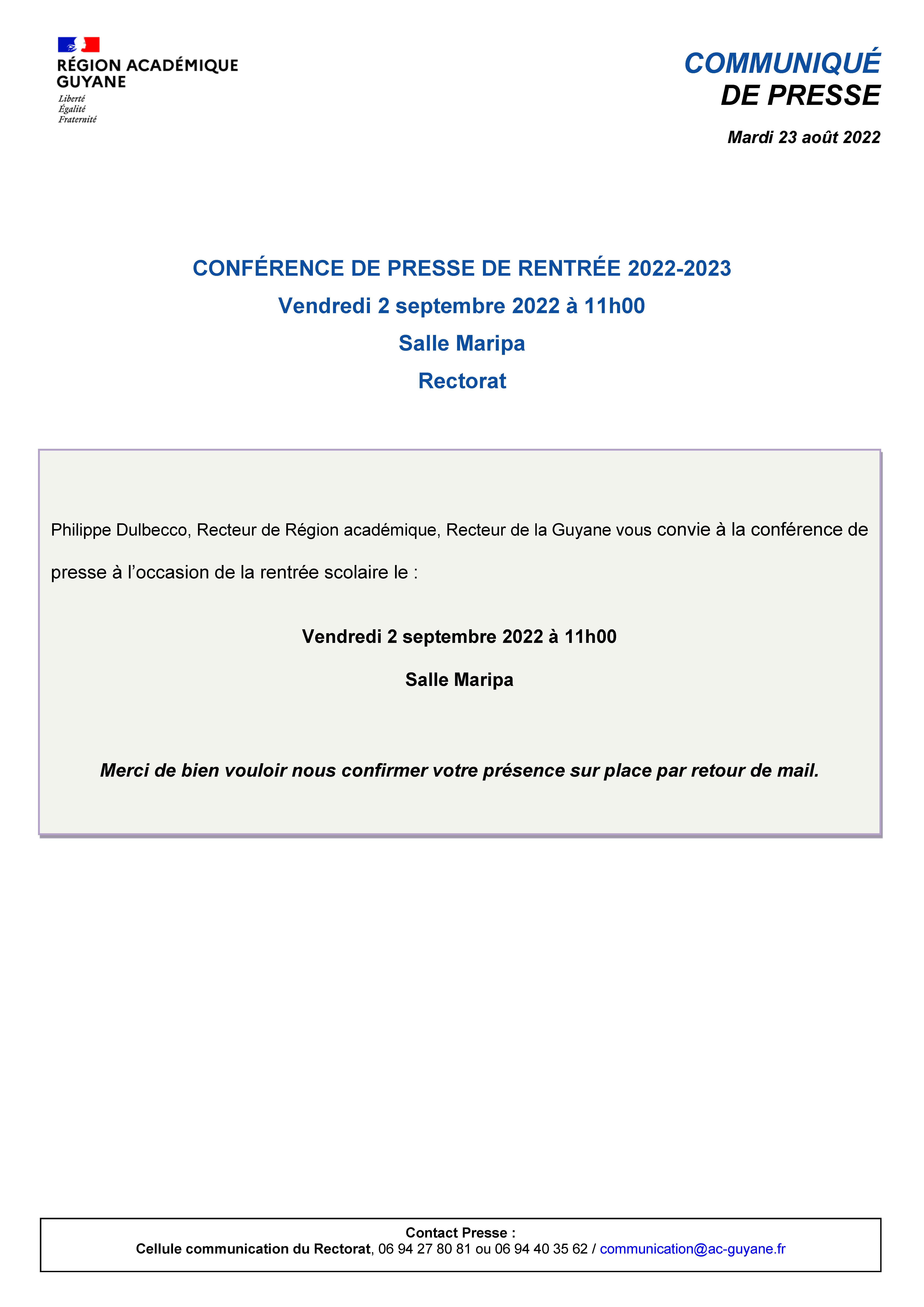 CP - Conférence de presse de rentrée vendredi 2 septembre 2022 au Rectorat