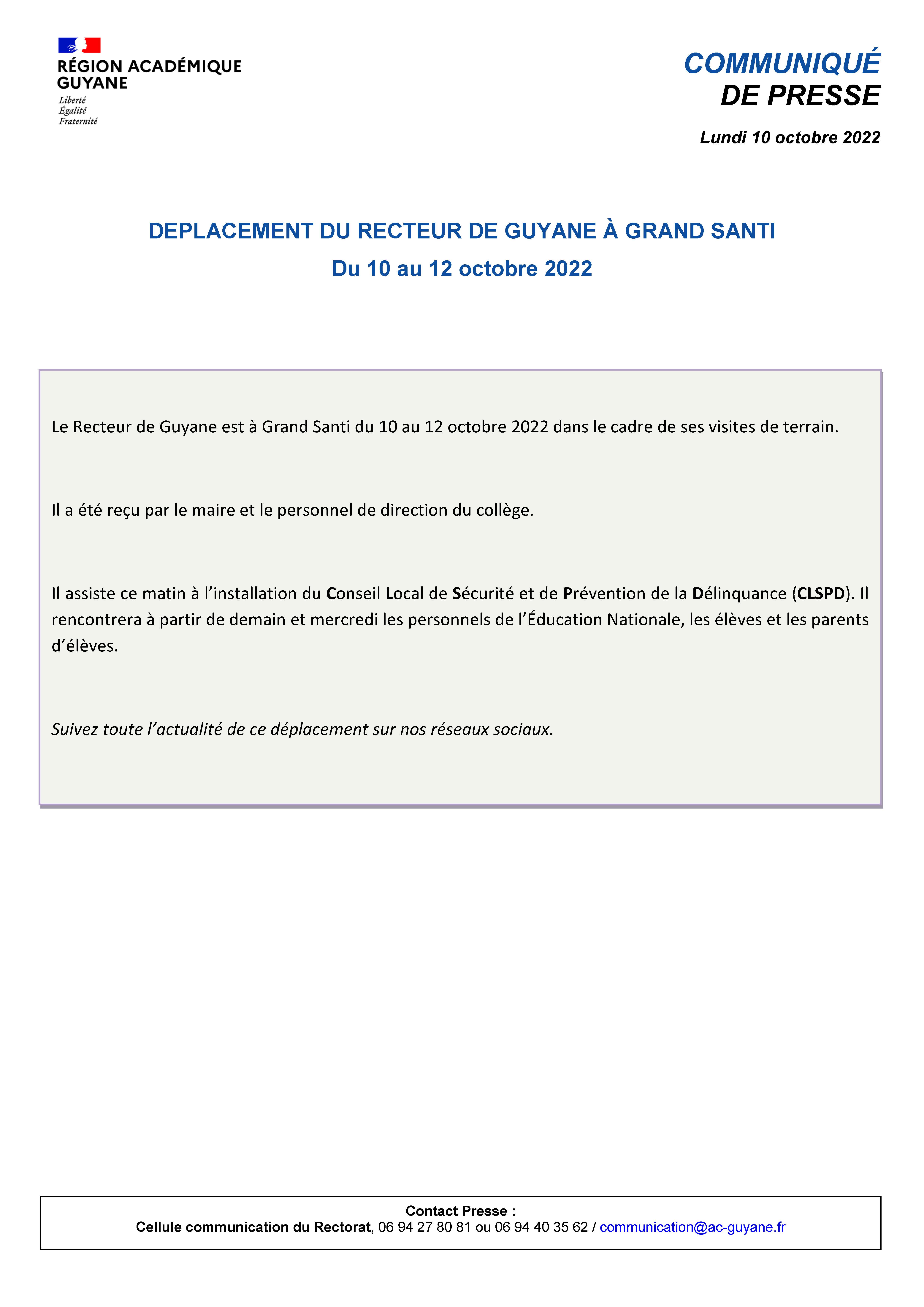 CP - Déplacement du Recteur de Guyane à Grand Santi