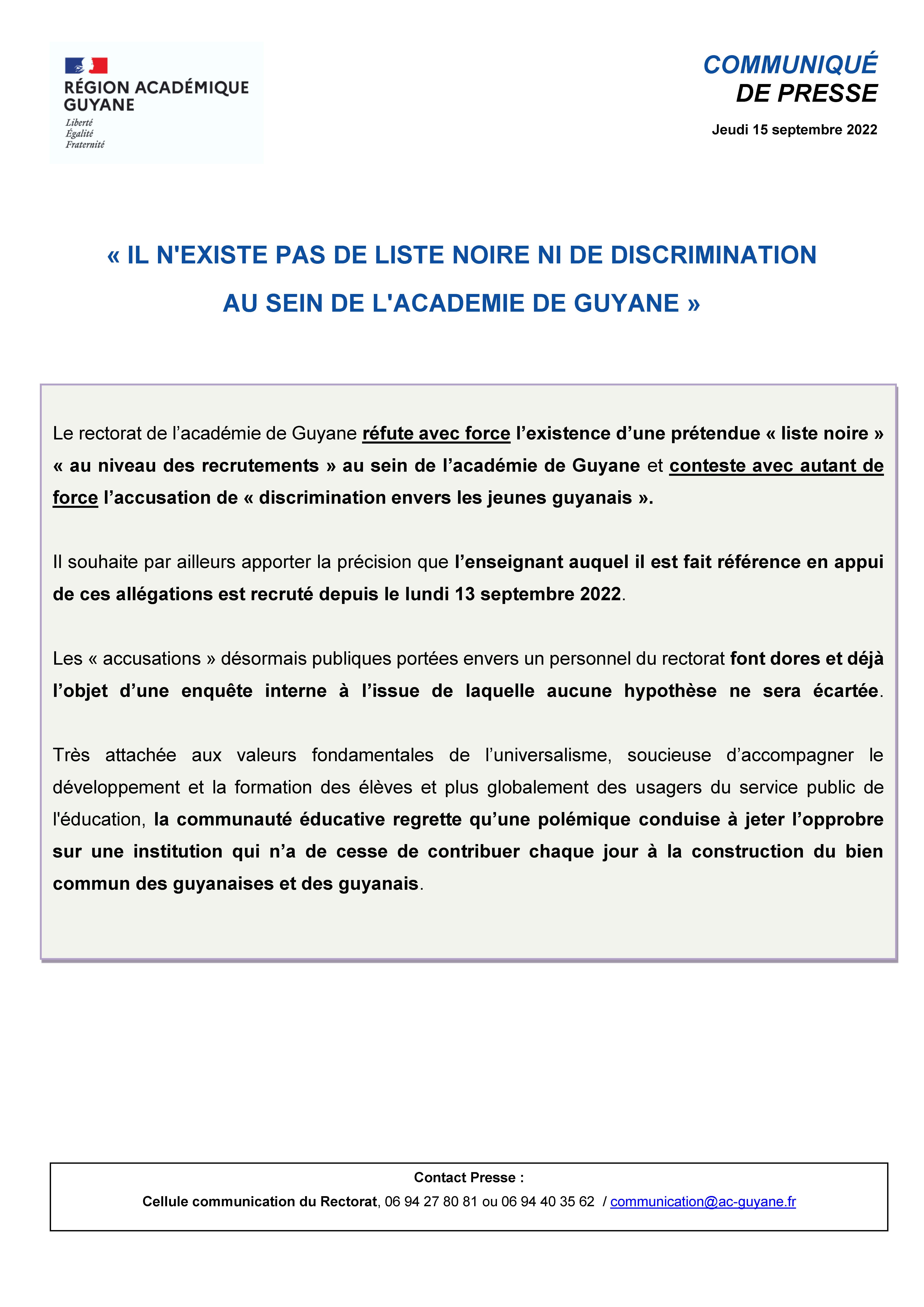 CP - "Il n' y a pas de liste noire ni de discrimination au sein de l'académie de la Guyane"