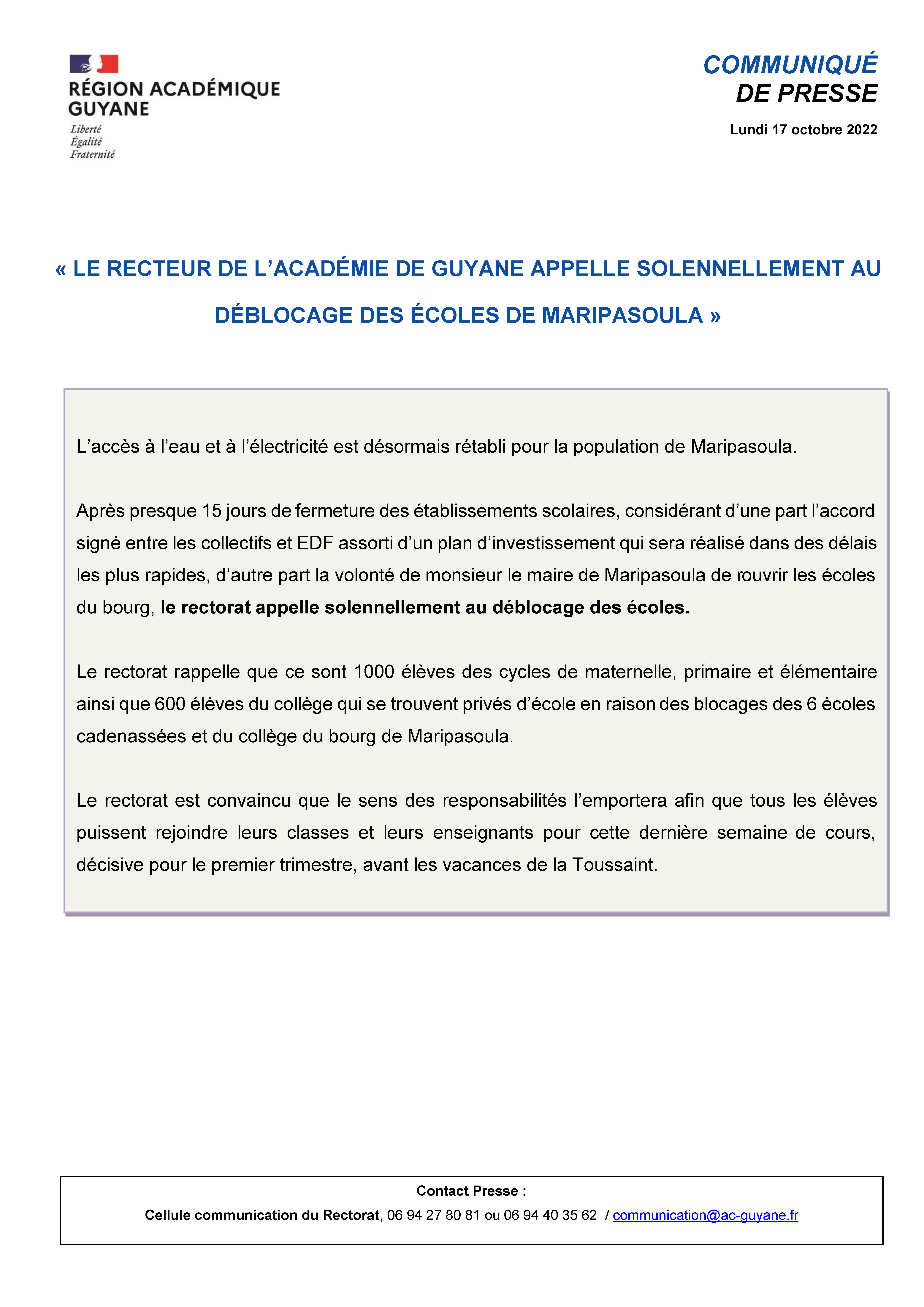 CP - « Le Recteur appelle solennellement au déblocage des écoles de Maripasoula »