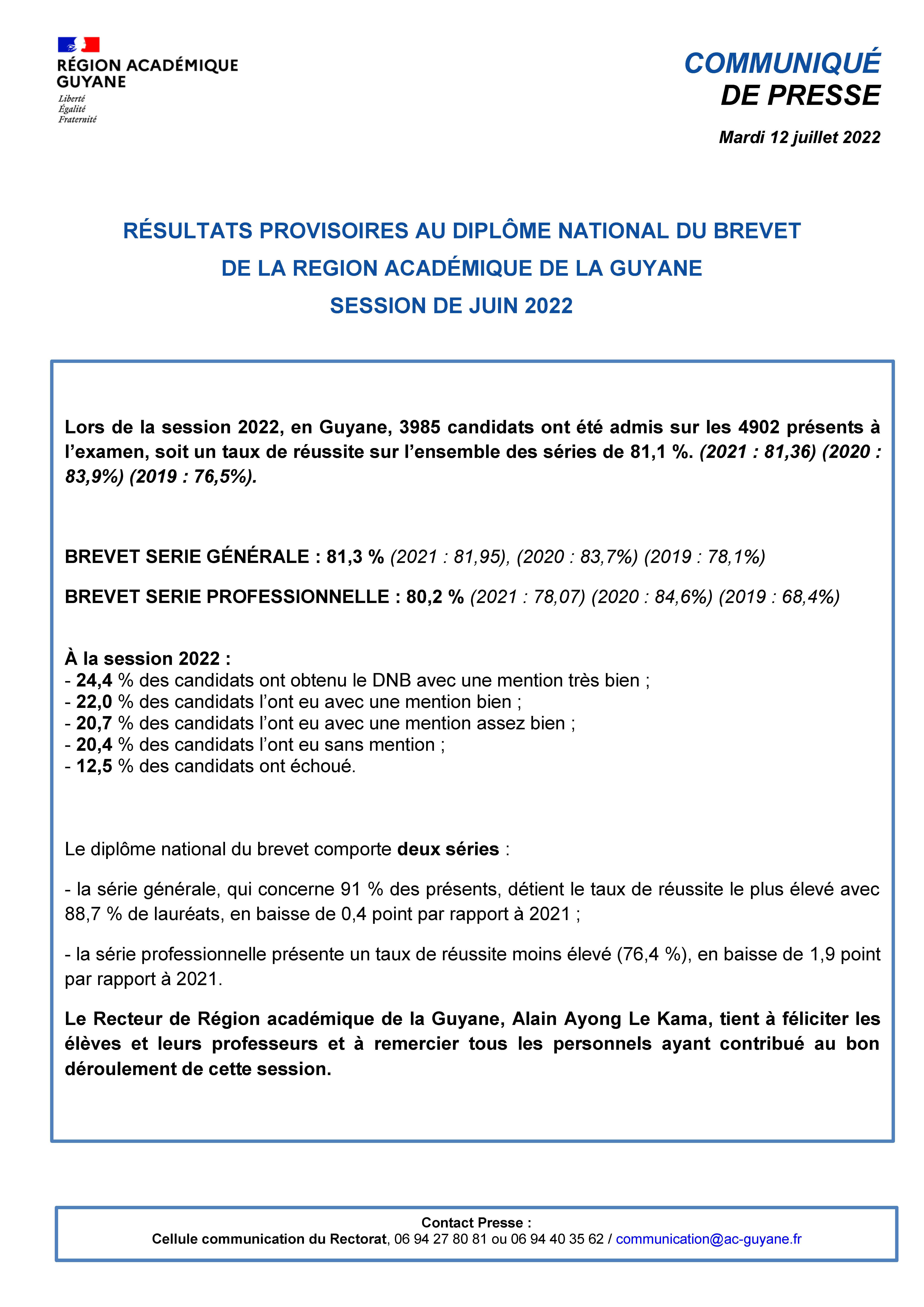 CP - Résultats provisoires du DNB session 2022 - région académique de la Guyane