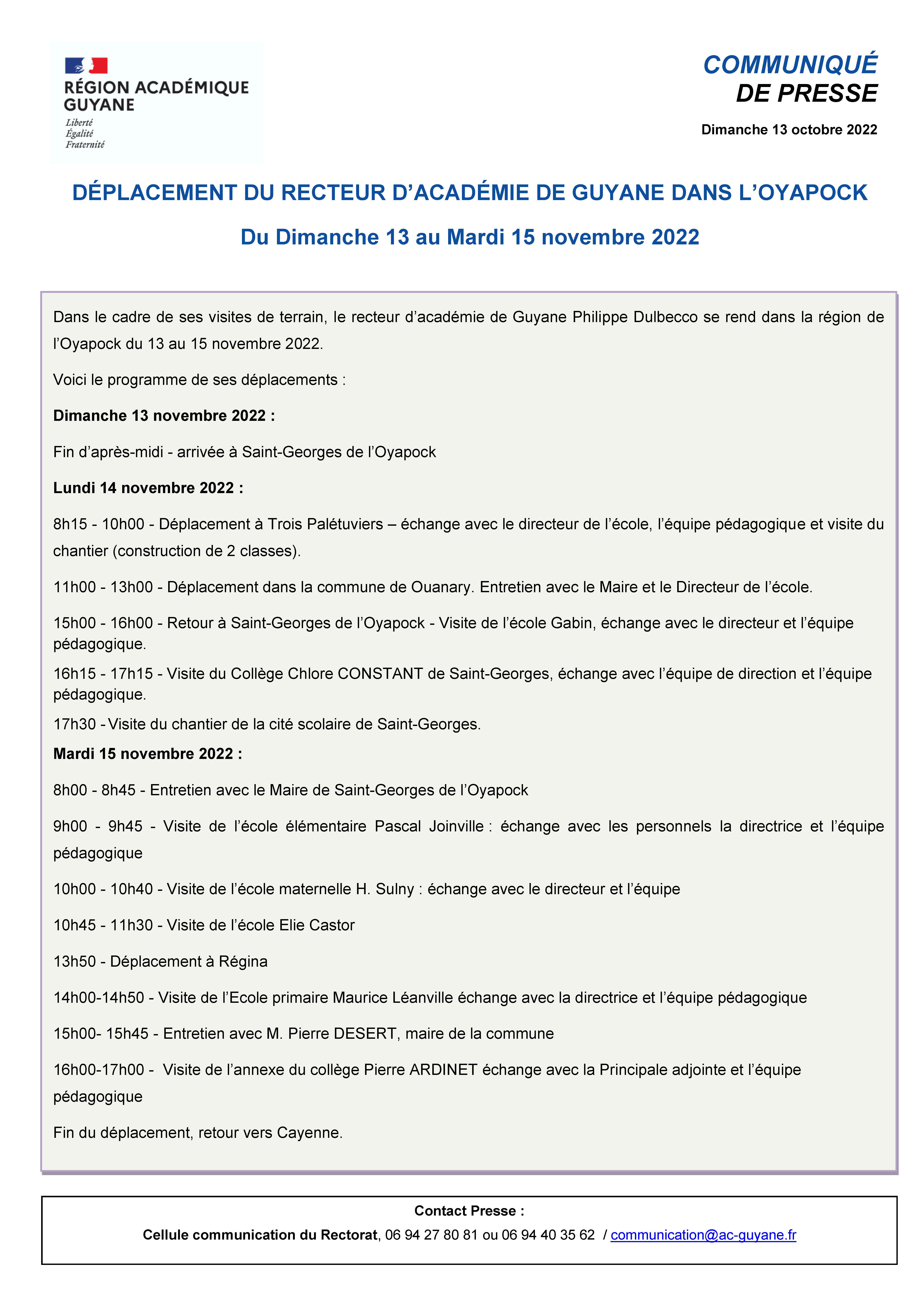 Déplacement du Recteur dans l'Oyapock du 13 au 15 novembre 2022 - Saint-Georges dont Trois Palétuviers, Ouanary et Régina