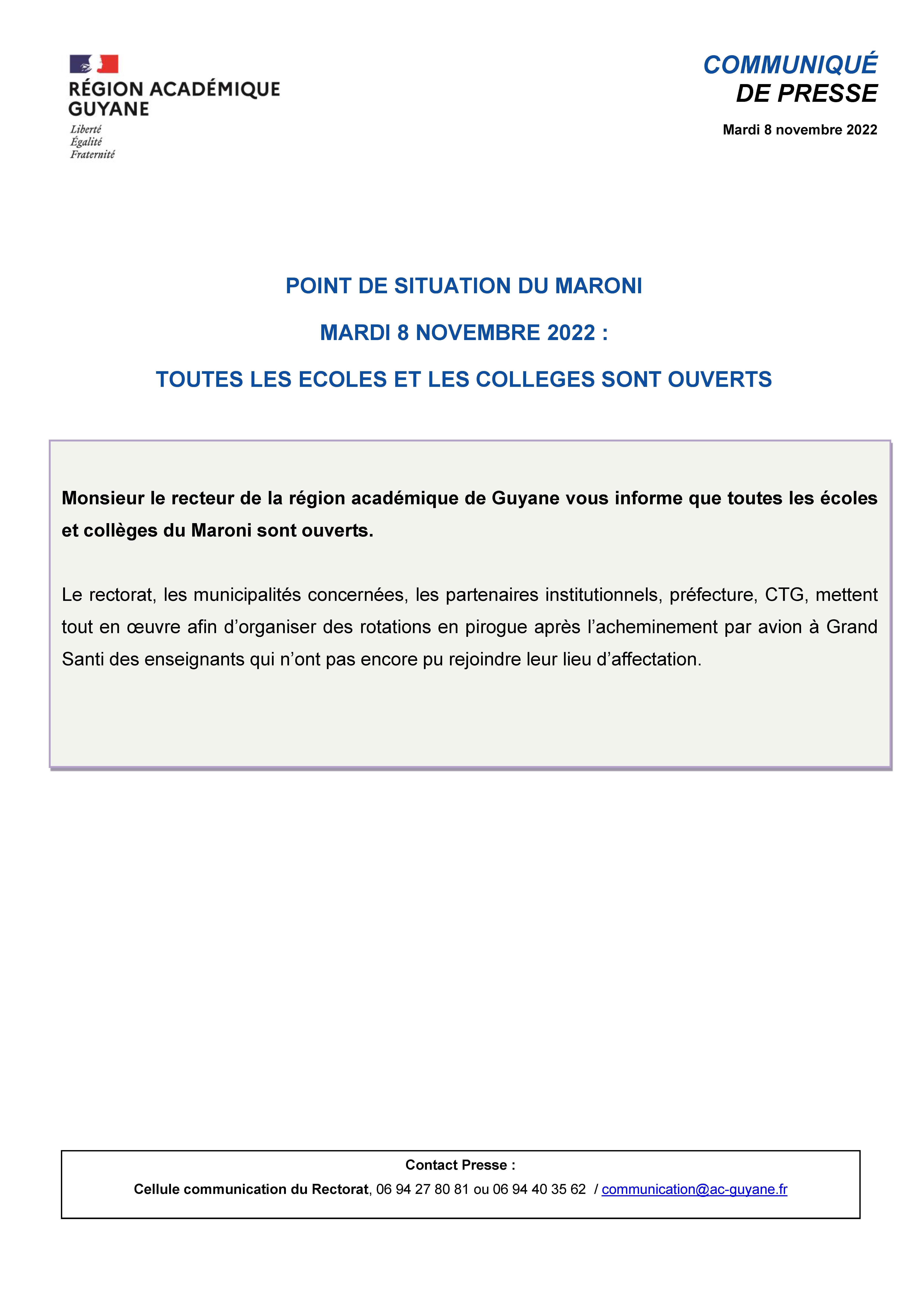 Point de situation Maroni : tous les établissements scolaires sont ouverts - Mardi 8 novembre 2022