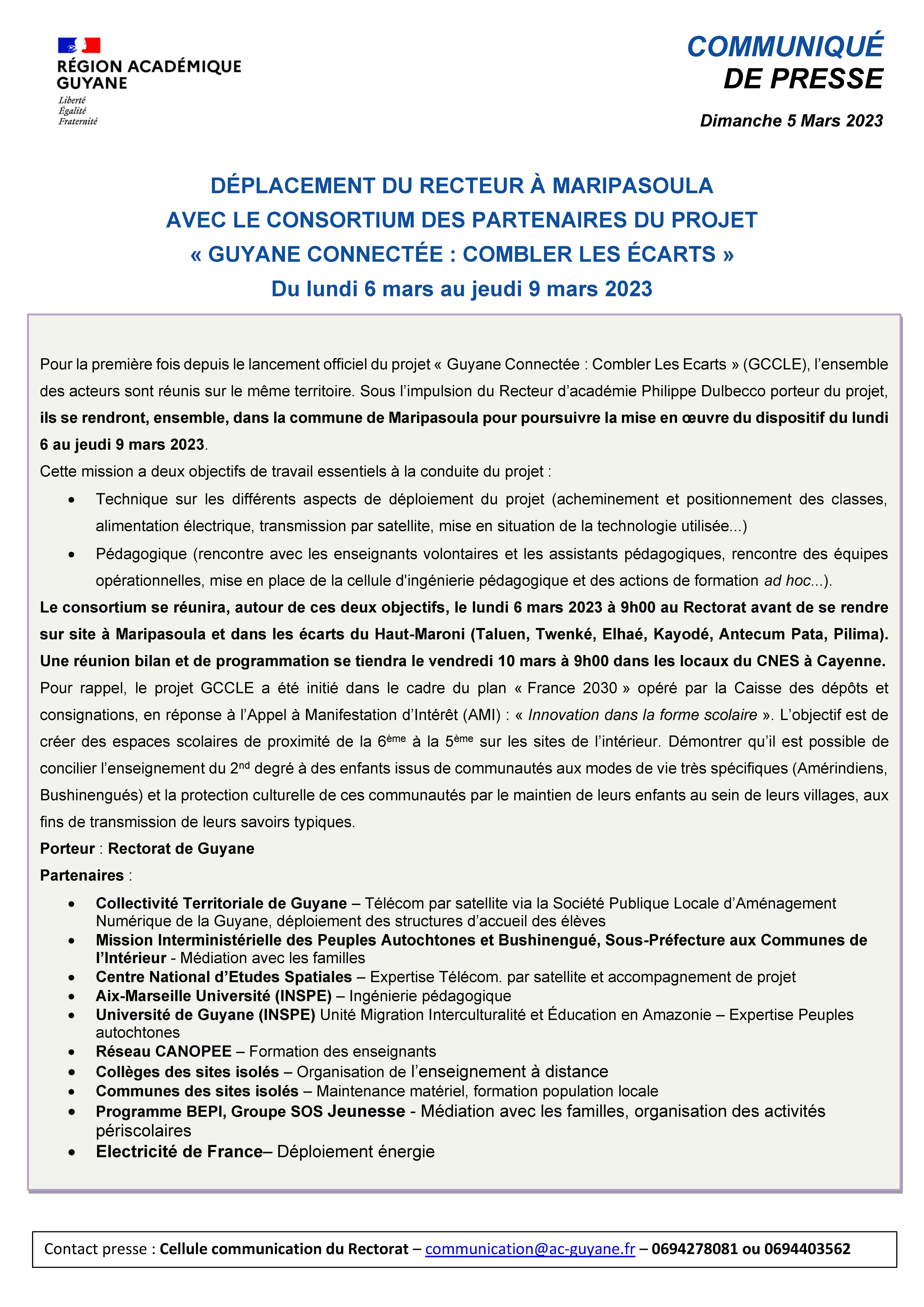[CP] Déplacement du Recteur et des partenaires du projet Guyane Connectée à Maripasoula - du 6 au 9 mars 2023