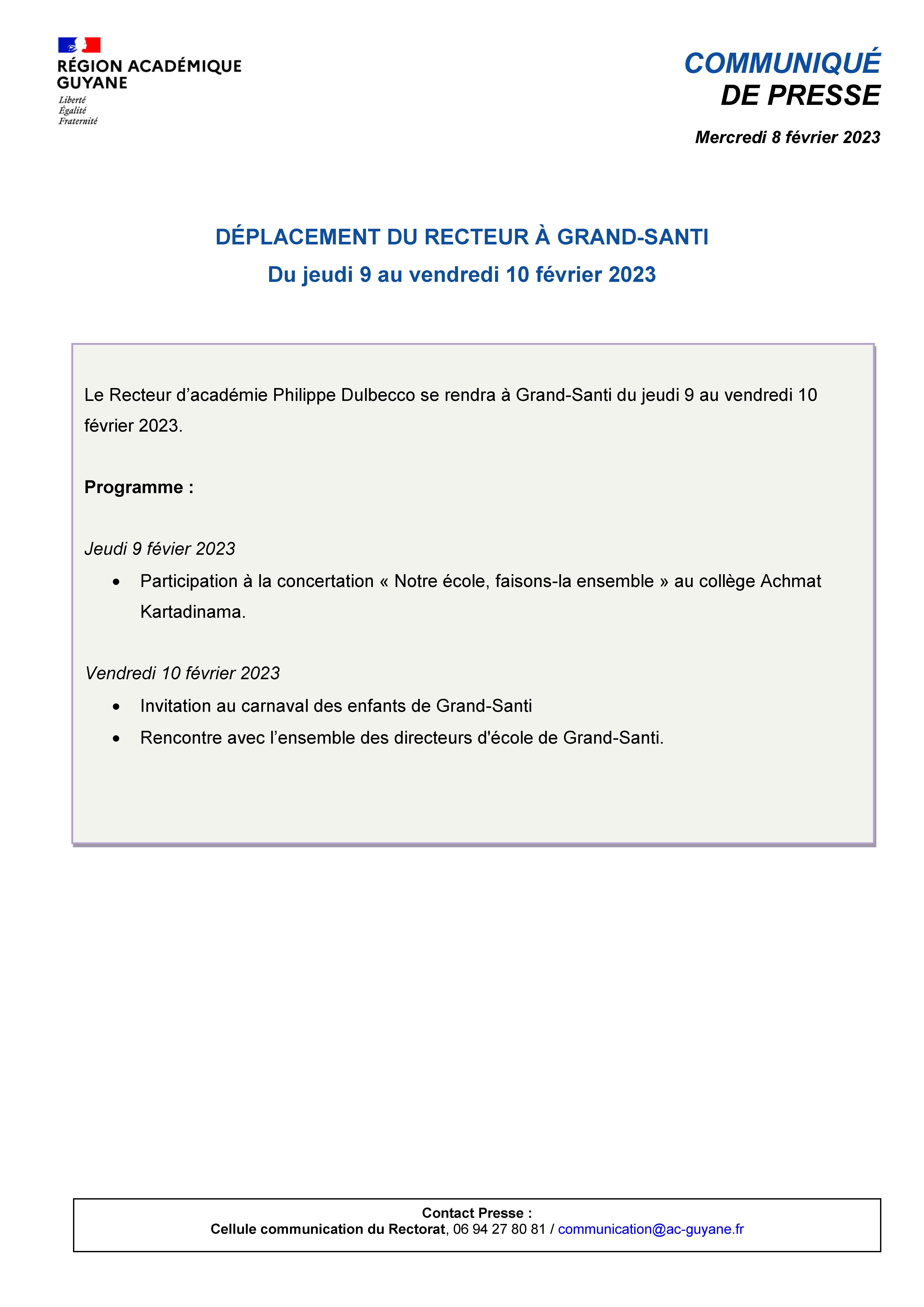 [CP] Déplacement du Recteur à Grand Santi - du 9 au 10 fevrier 2023