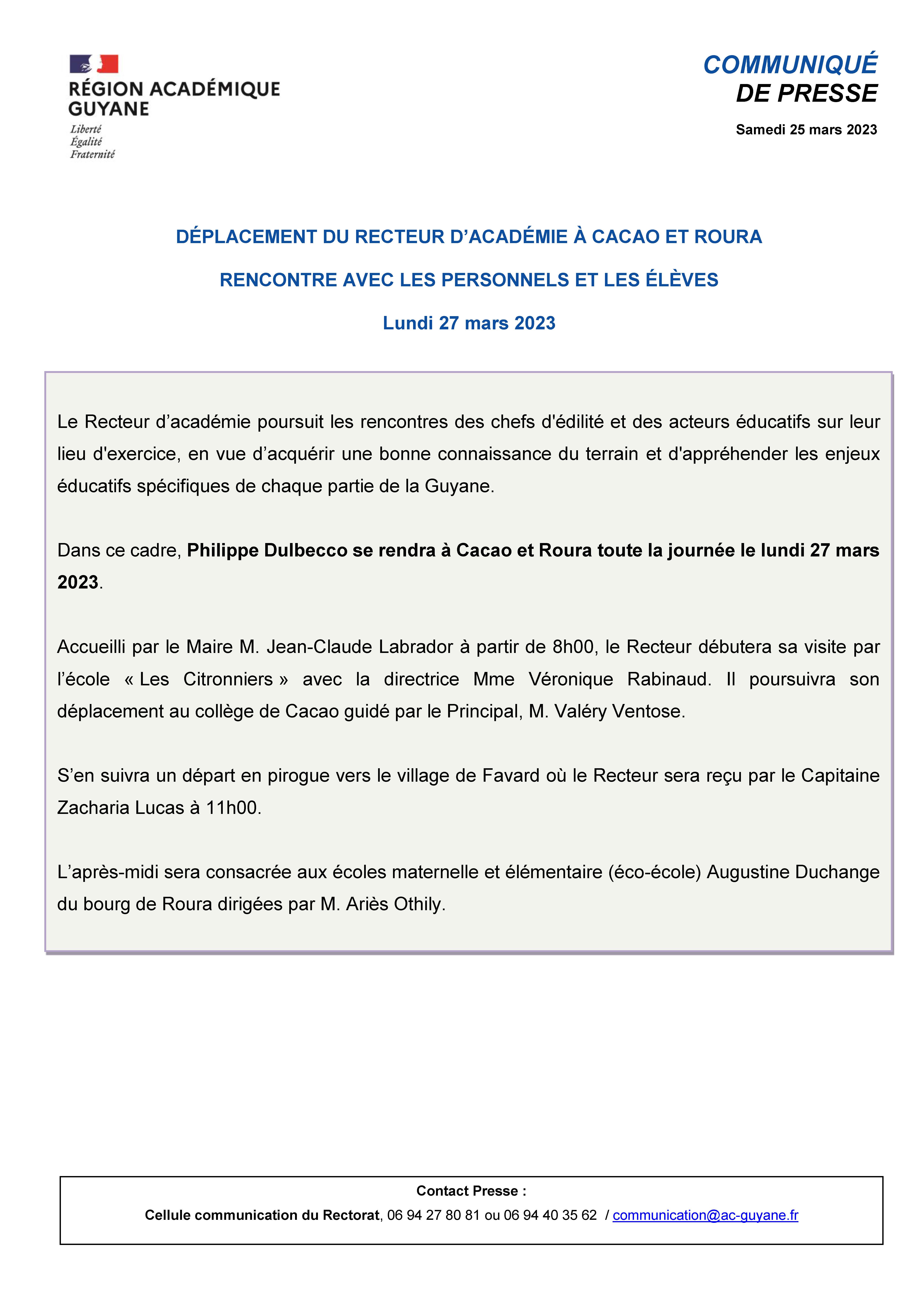 [CP] Déplacement du Recteur à Cacao et Roura - lundi 27 Mars 2023 