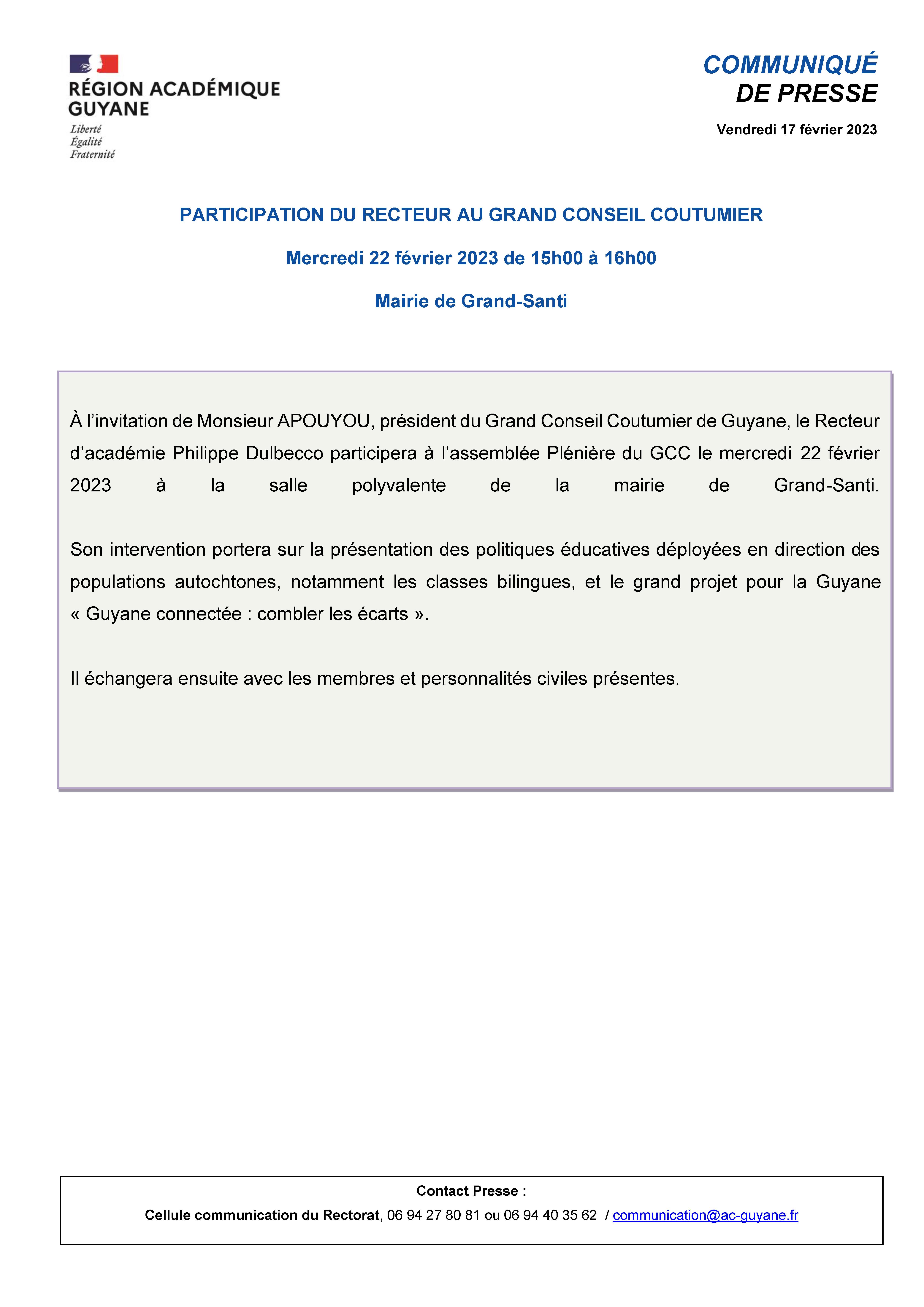 [CP] Participation du Recteur au Grand Conseil Coutumier - mercredi 22 février 2023 - 16022023