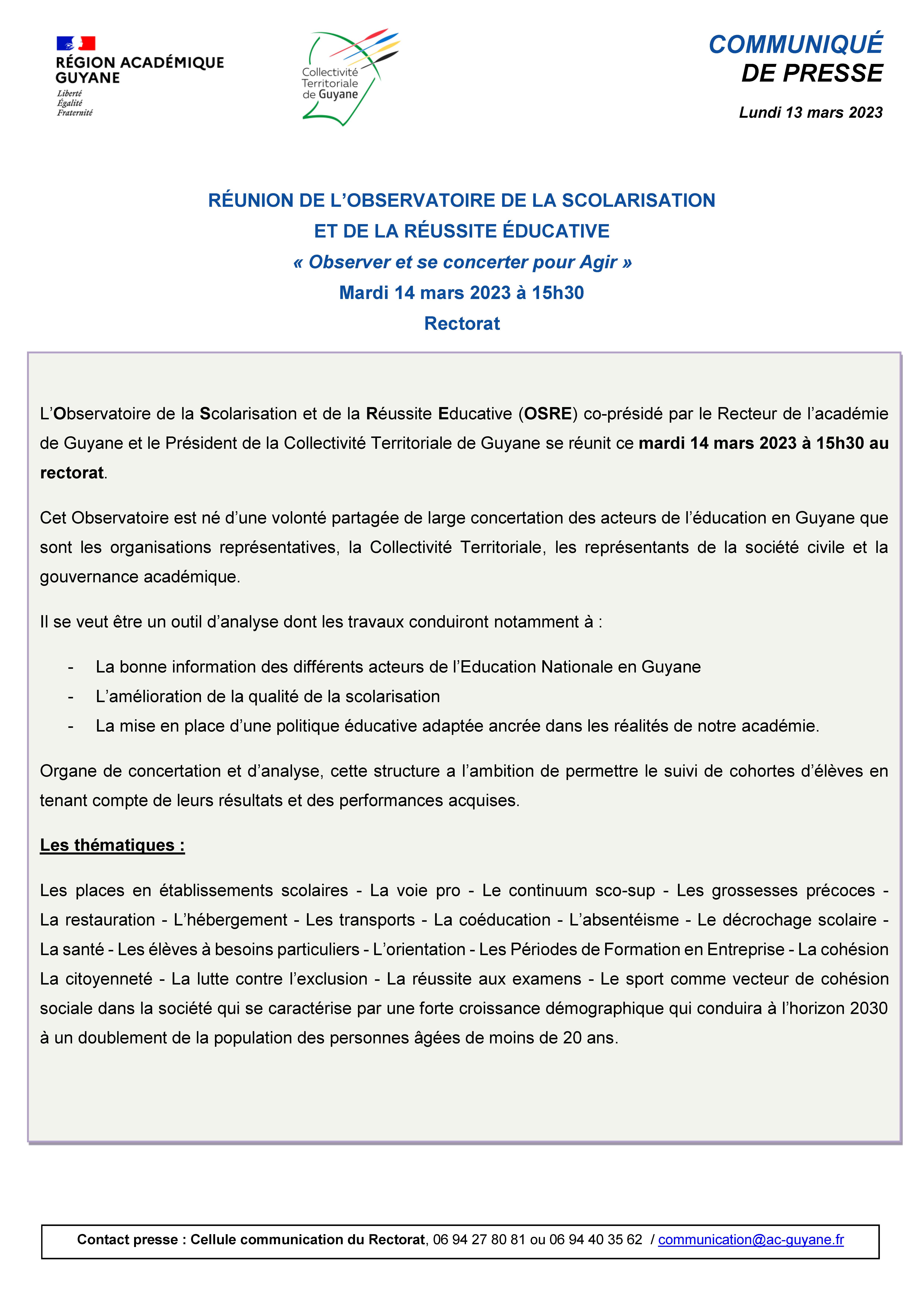 [CP] Réunion de l'Observatoire de la scolarisation et de la réussite éducative - mardi 14 mars 2023