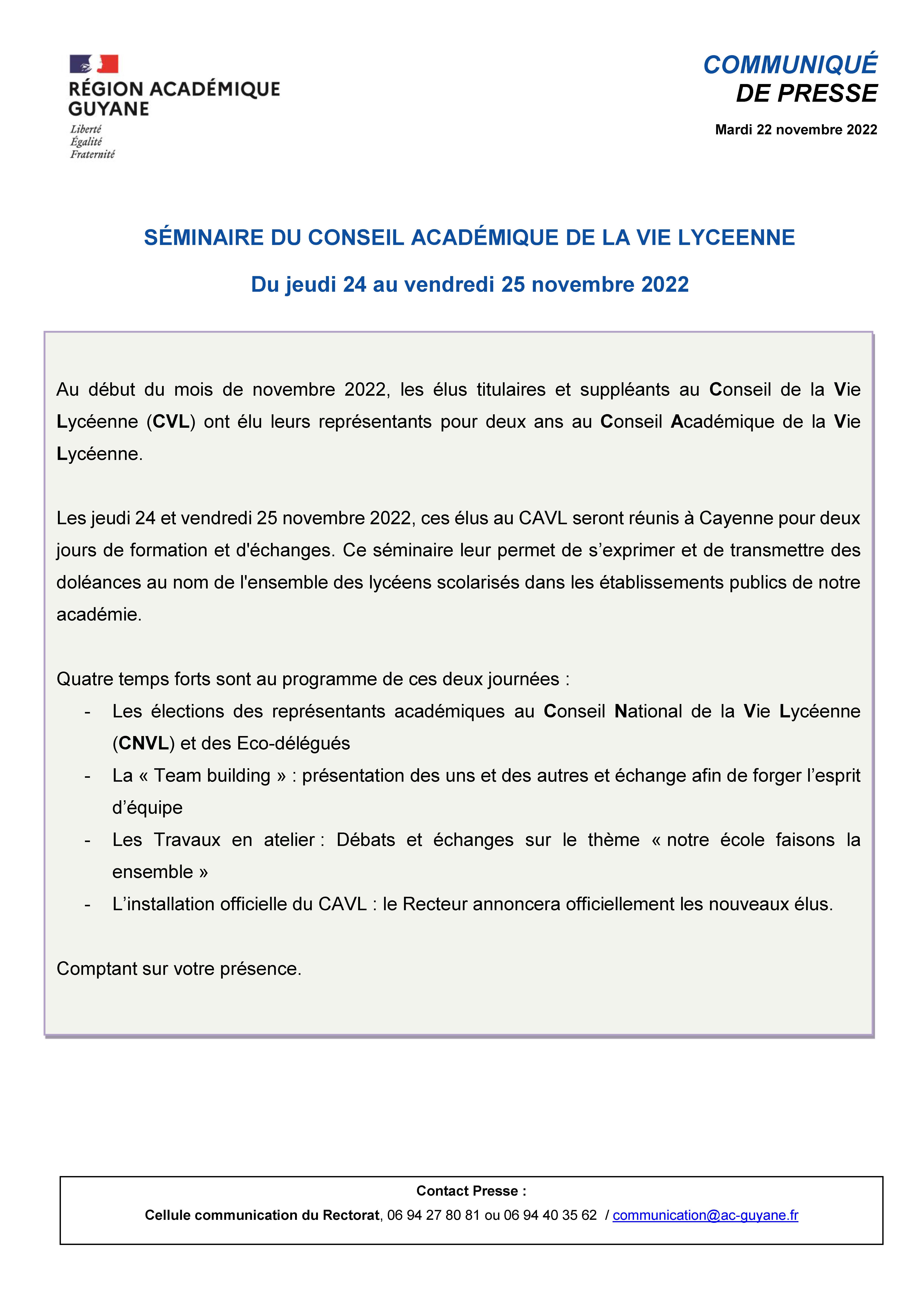 [CP]Séminaire CAVL du 24 au 25 novembre 2022 - élections des CNVL et Eco délégués 
