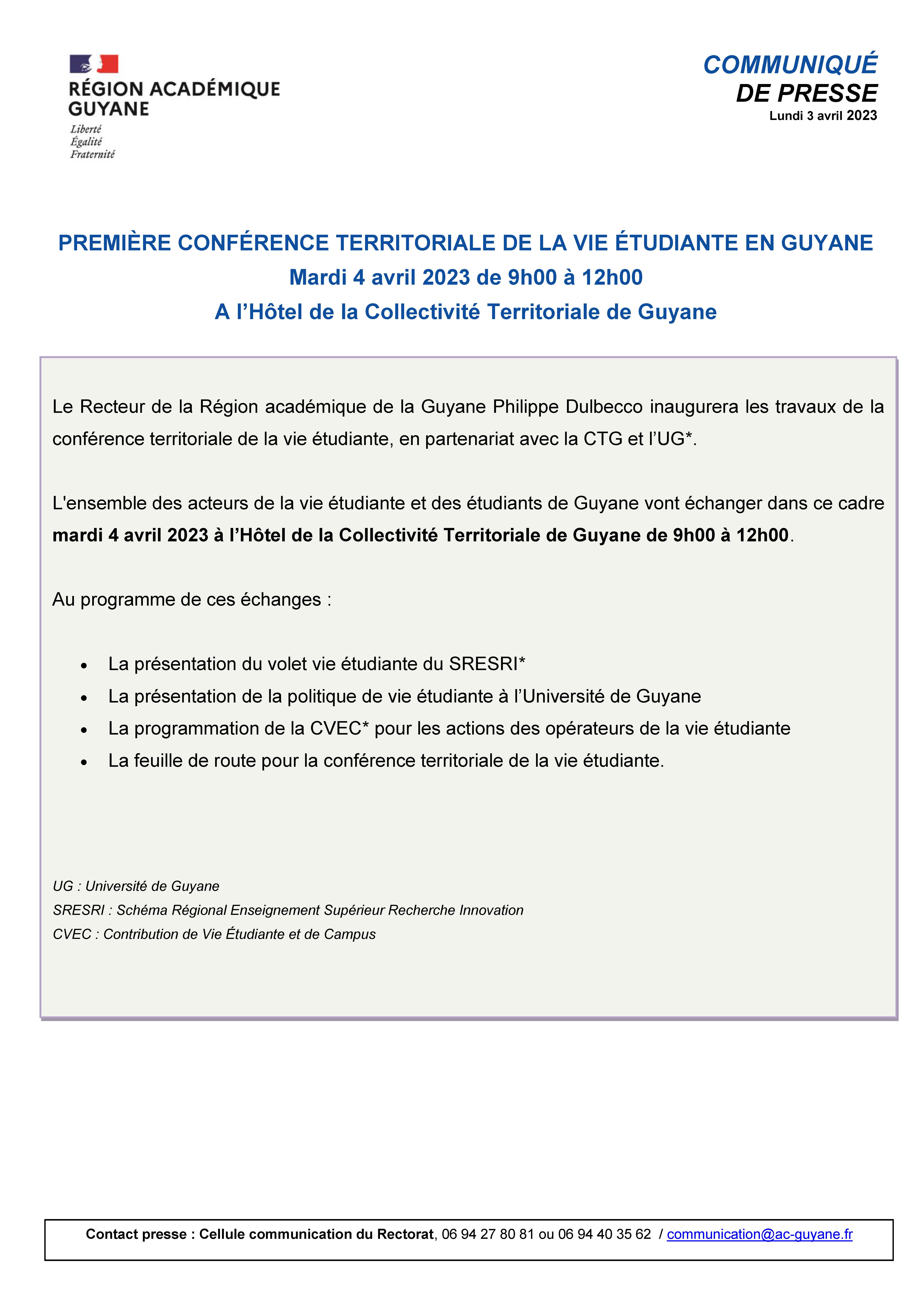 [CP]1ère Conférence territoriale sur le Vie Etudiante - Hotel de la CTG mardi 4 avril 2023 de 9h00 à 12h00 