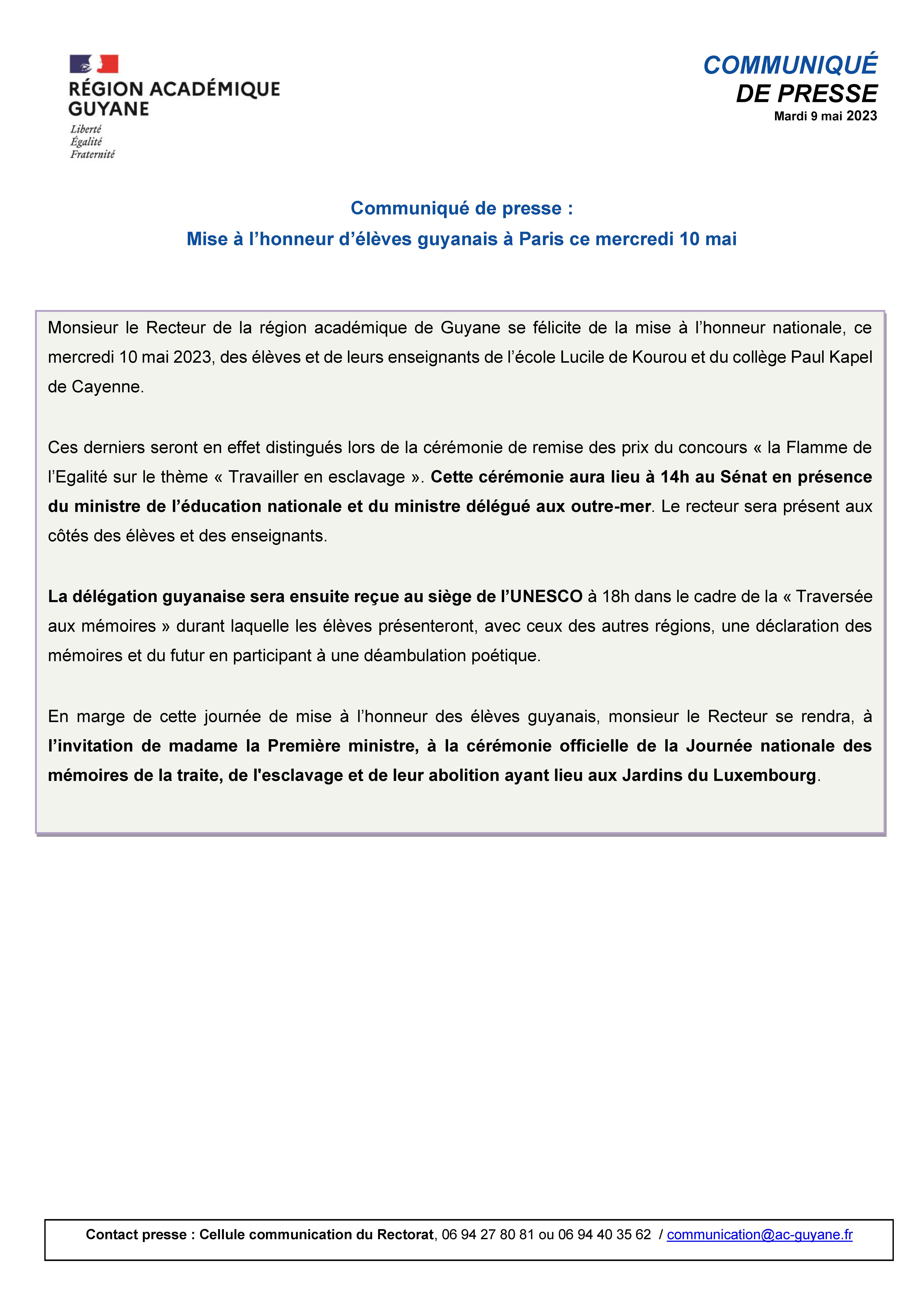 [CP] Mise à l’honneur d’élèves guyanais à Paris - mercredi 10 mai