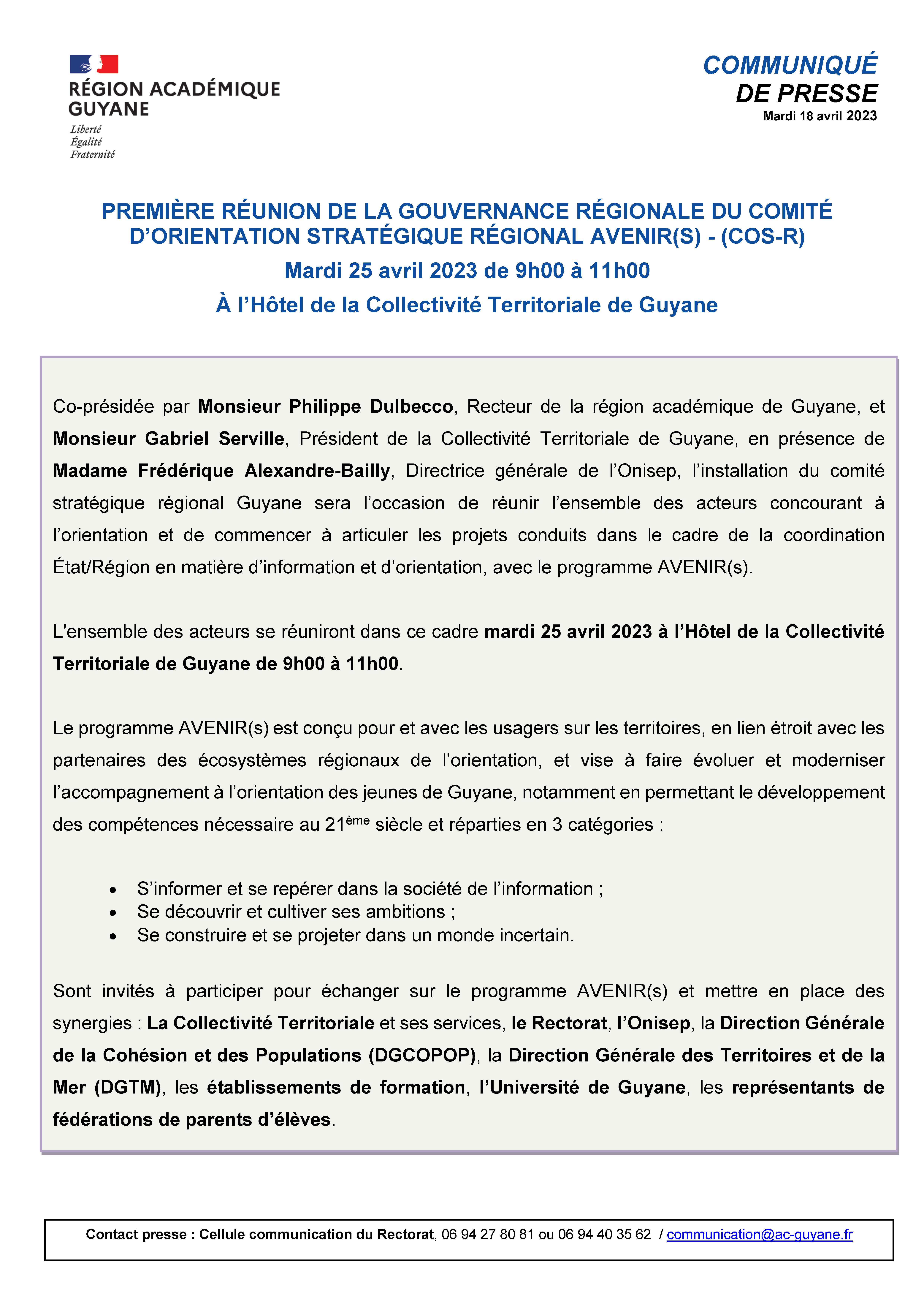 [CP]Première réunion de la gouvernance régionale du comité d’orientation stratégique régional avenir(s) - 25 avril 2023 