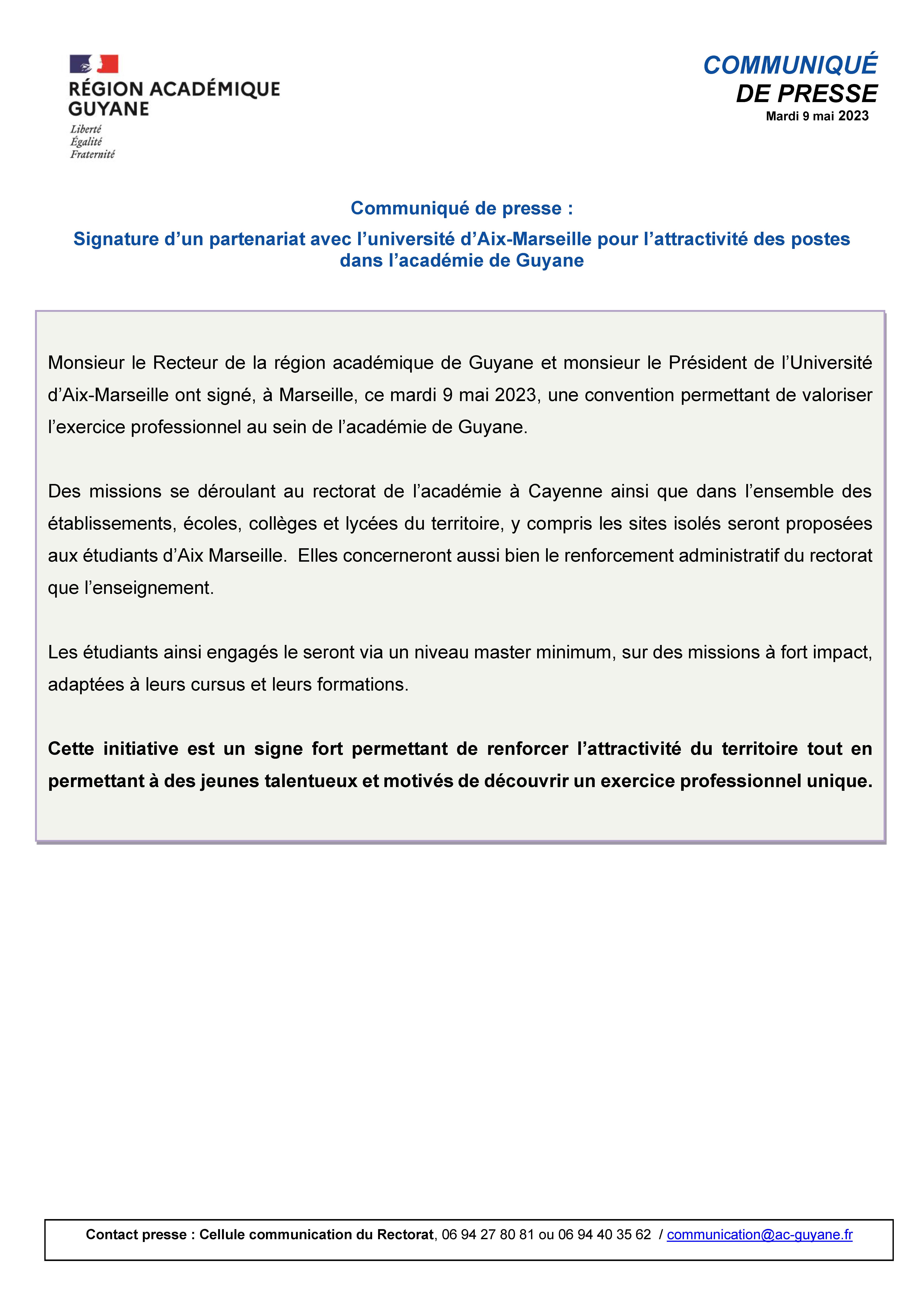[CP] Signature d’un partenariat avec l’université d’Aix-Marseille pour l’attractivité des postes dans l’académie de Guyane