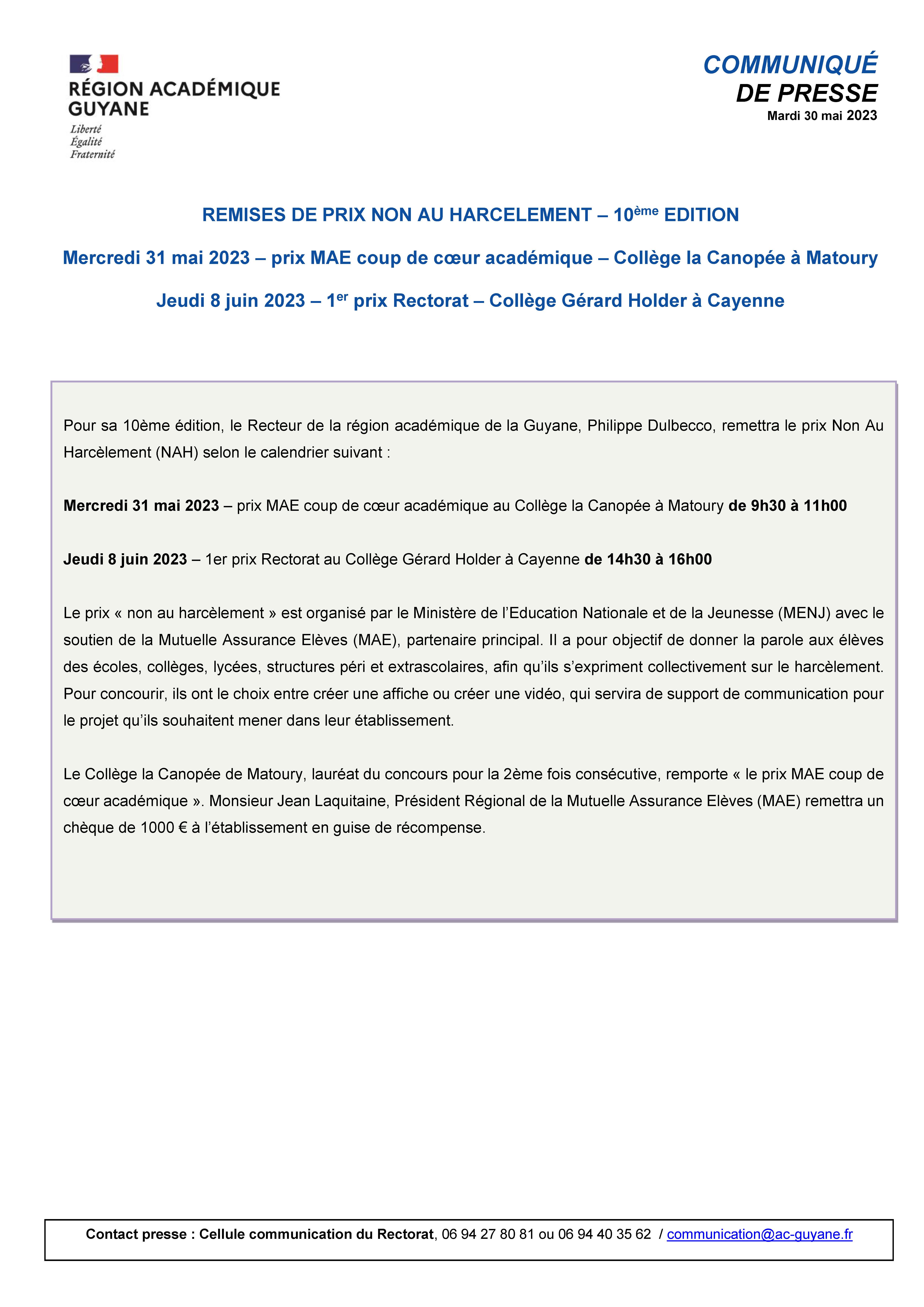 [CP] Remises de prix NAH - Collège la Canopée de Matoury - mercredi 31 mai 2023