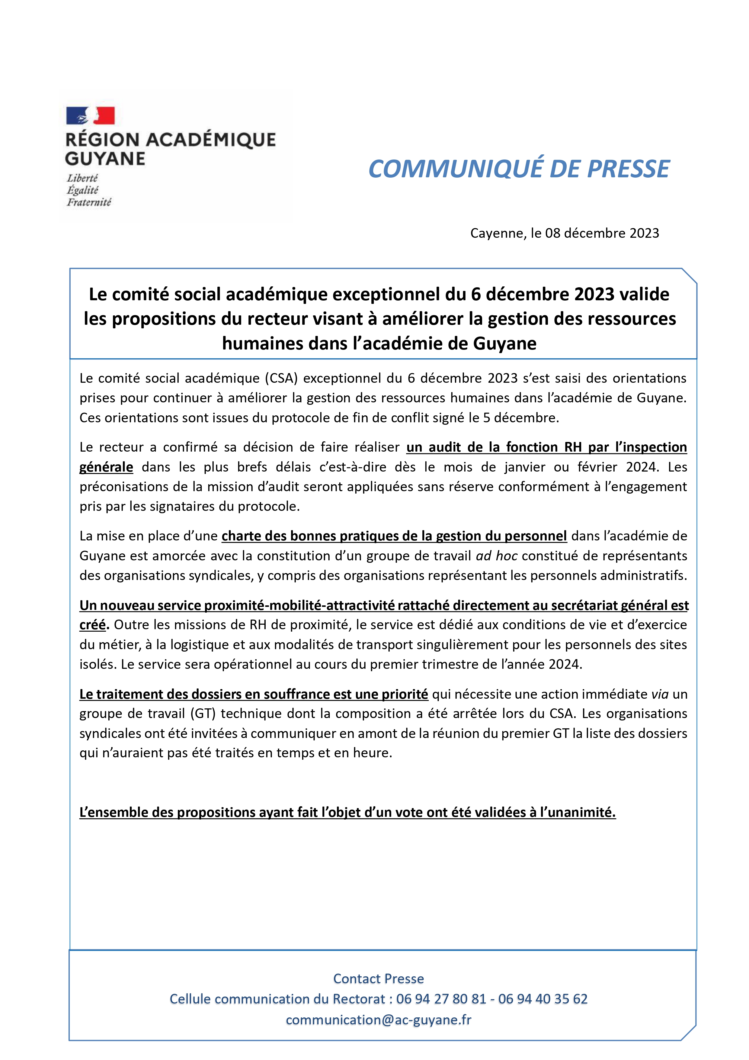 [CP] - Le comité social académique exceptionnel du 6 décembre 2023 valide les propositions du recteur visant à améliorer la gestion des ressources humaines dans l’académie de Guyane