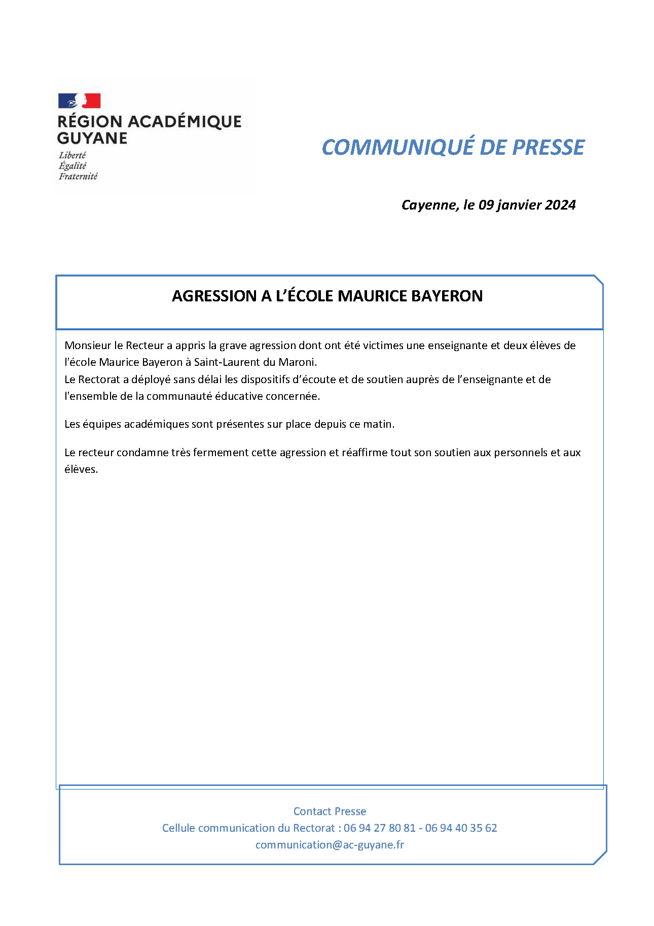 [CP] - Agression à l'école Maurice Bayeron