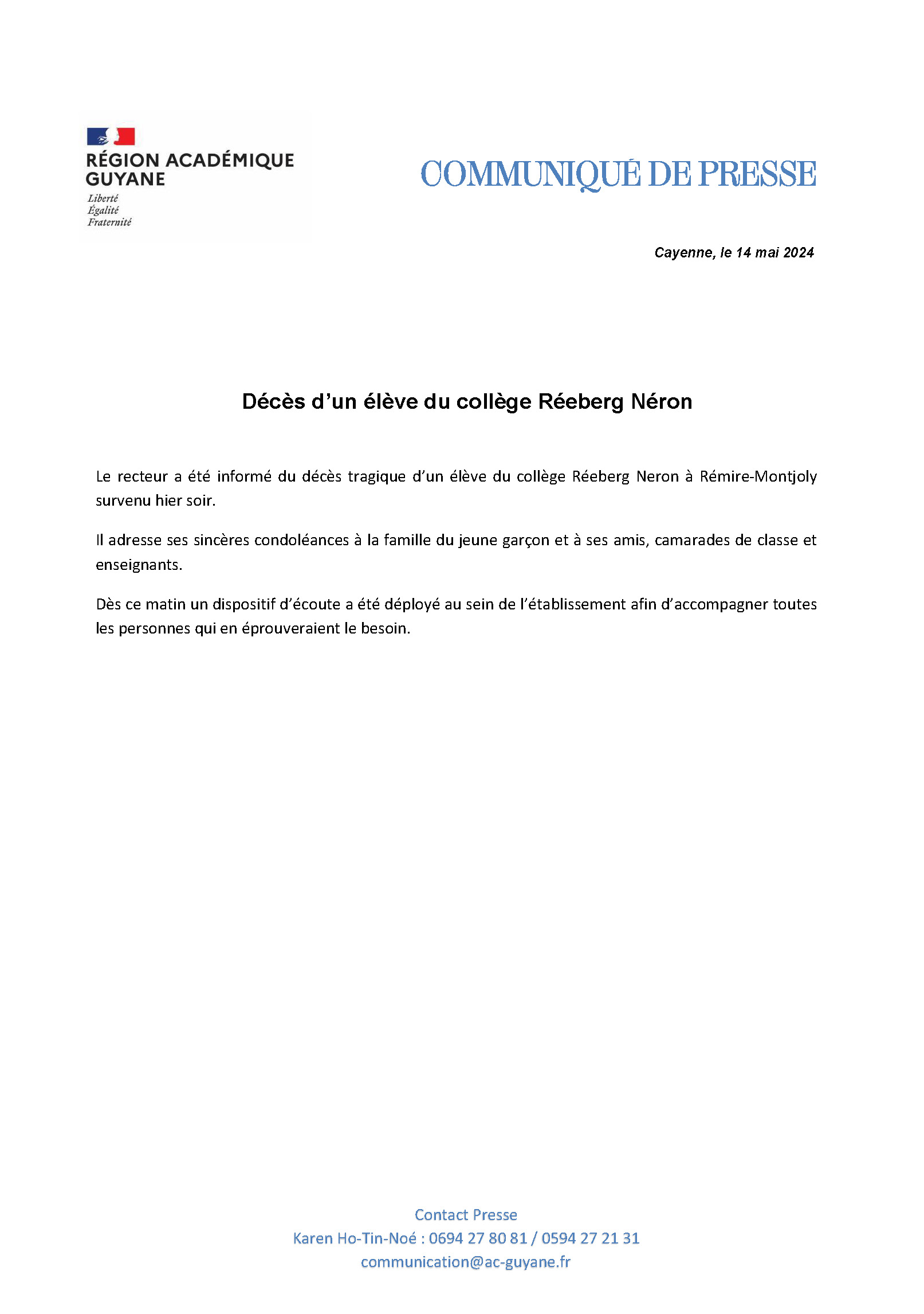CP - Décès d’un élève du collège Réeberg Néron