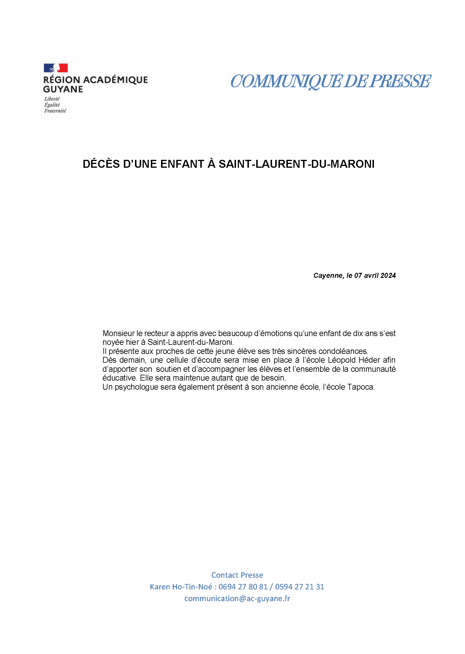 CP - Décès d'une enfant à Saint-Laurent du Maroni