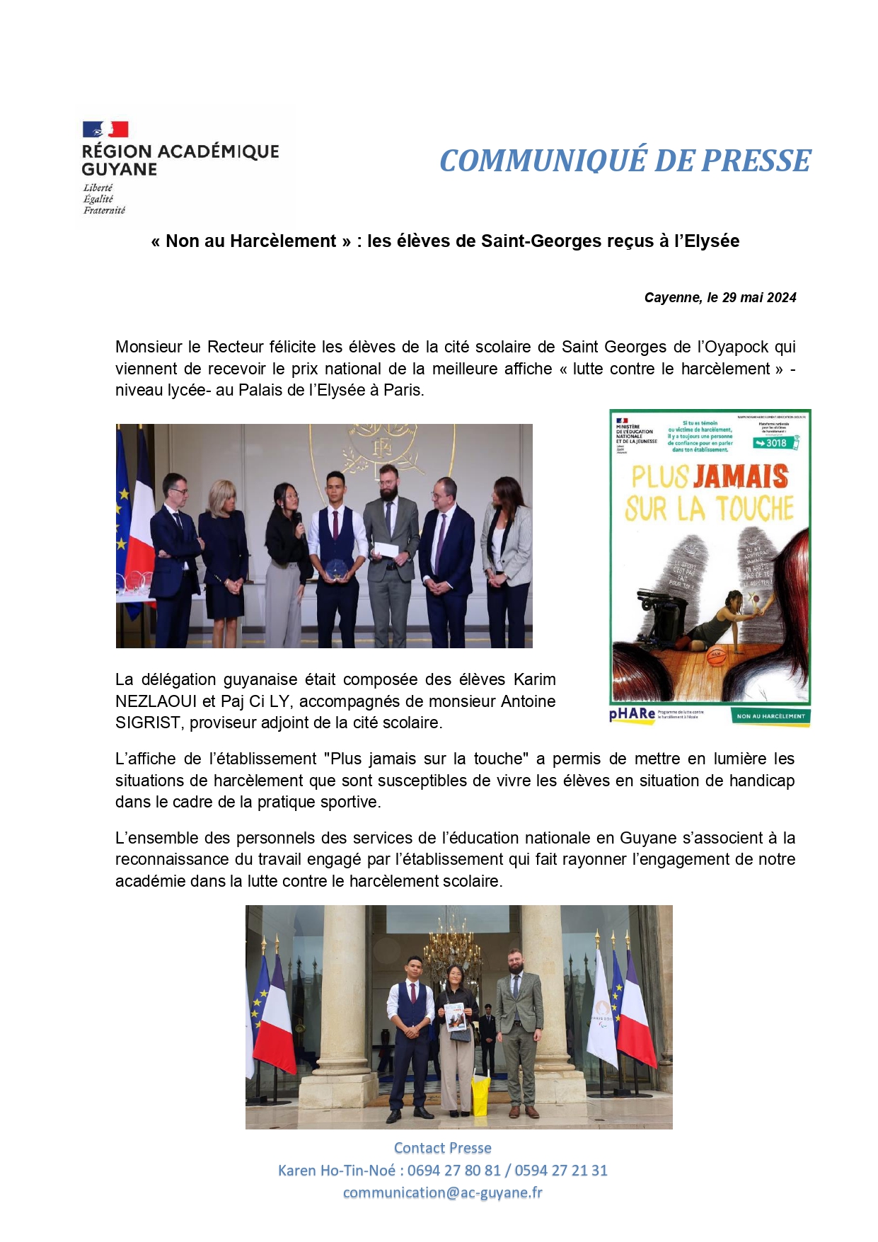 CP - « Non au Harcèlement » : les élèves de Saint-Georges reçus à l’Elysée