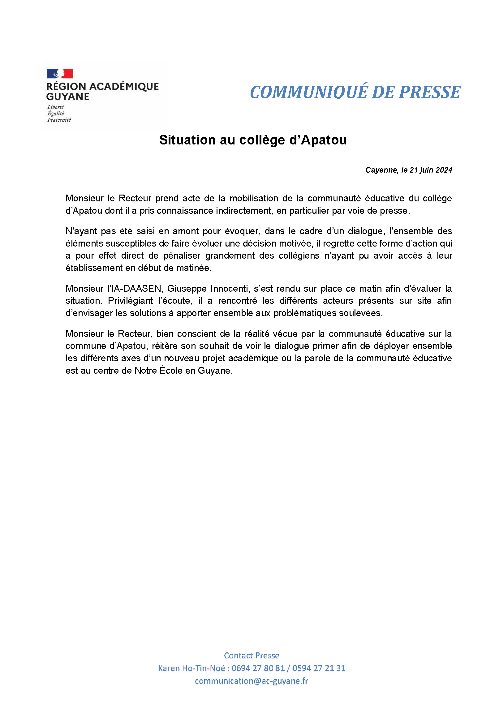 CP - Situation au collège d’Apatou