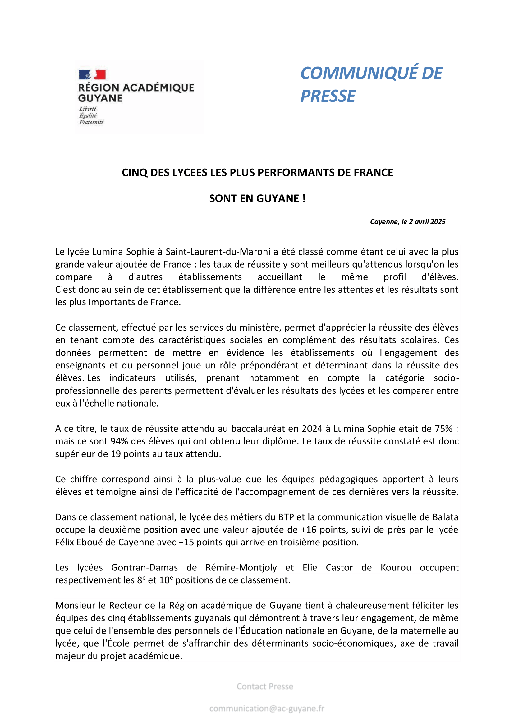 [CP]Cinq des lycées les plus performants de France sont en Guyane !