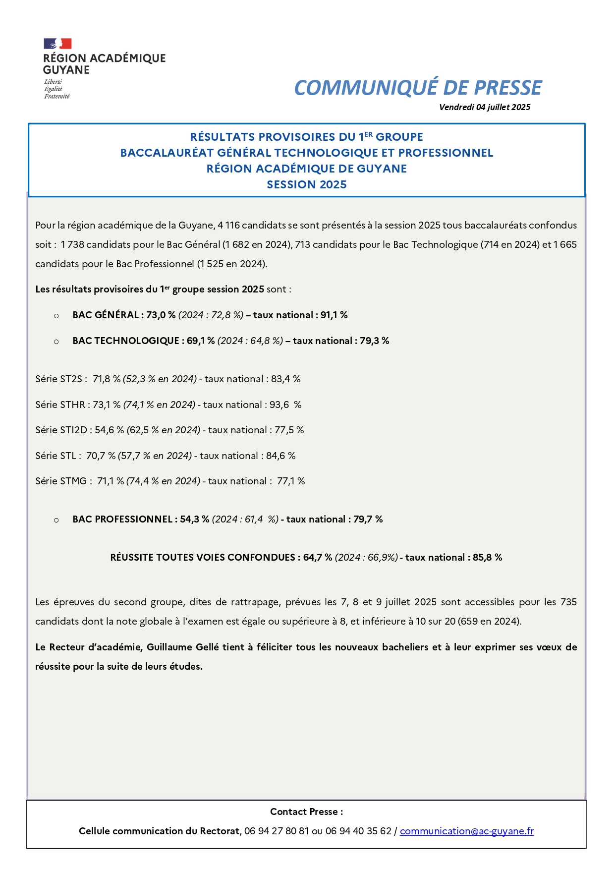 [CP] - Résultats provisoires du 1er groupe de la session 2025 du Baccalauréat