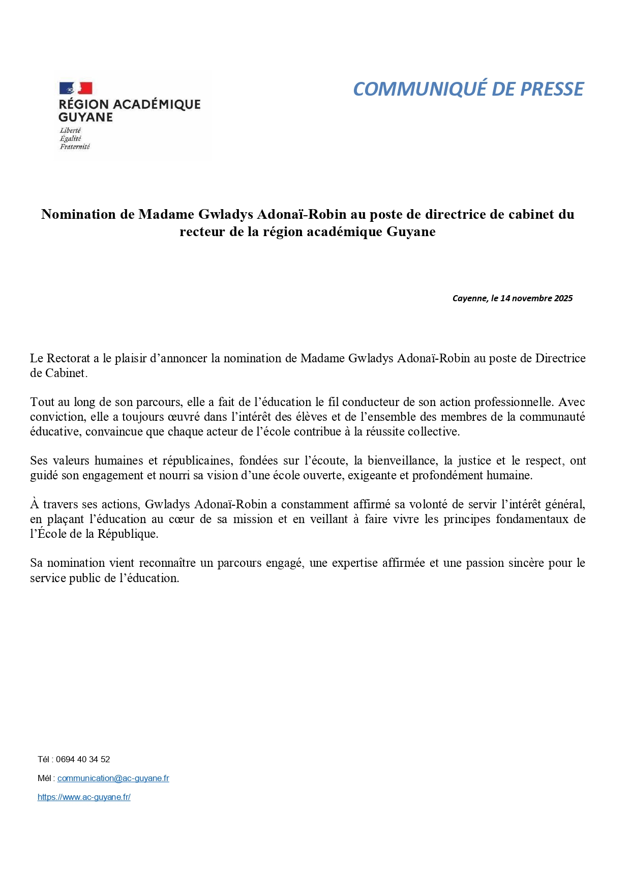 [CP] Nomination de Gwladys Adonaï-Robin au poste de directrice de cabinet
