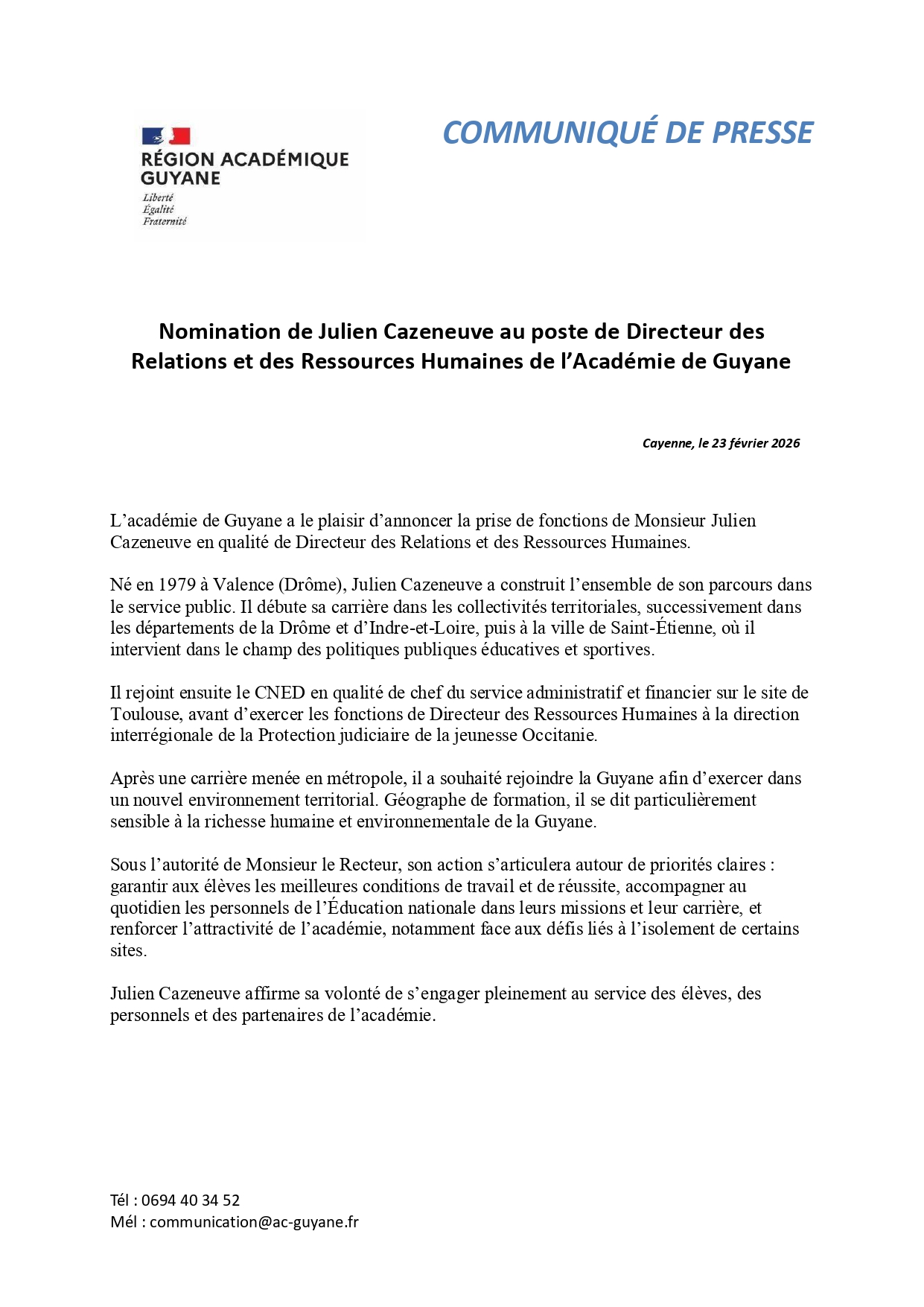 [CP] Nomination de Julien Cazeneuve au poste de DRRH de l’Académie de Guyane