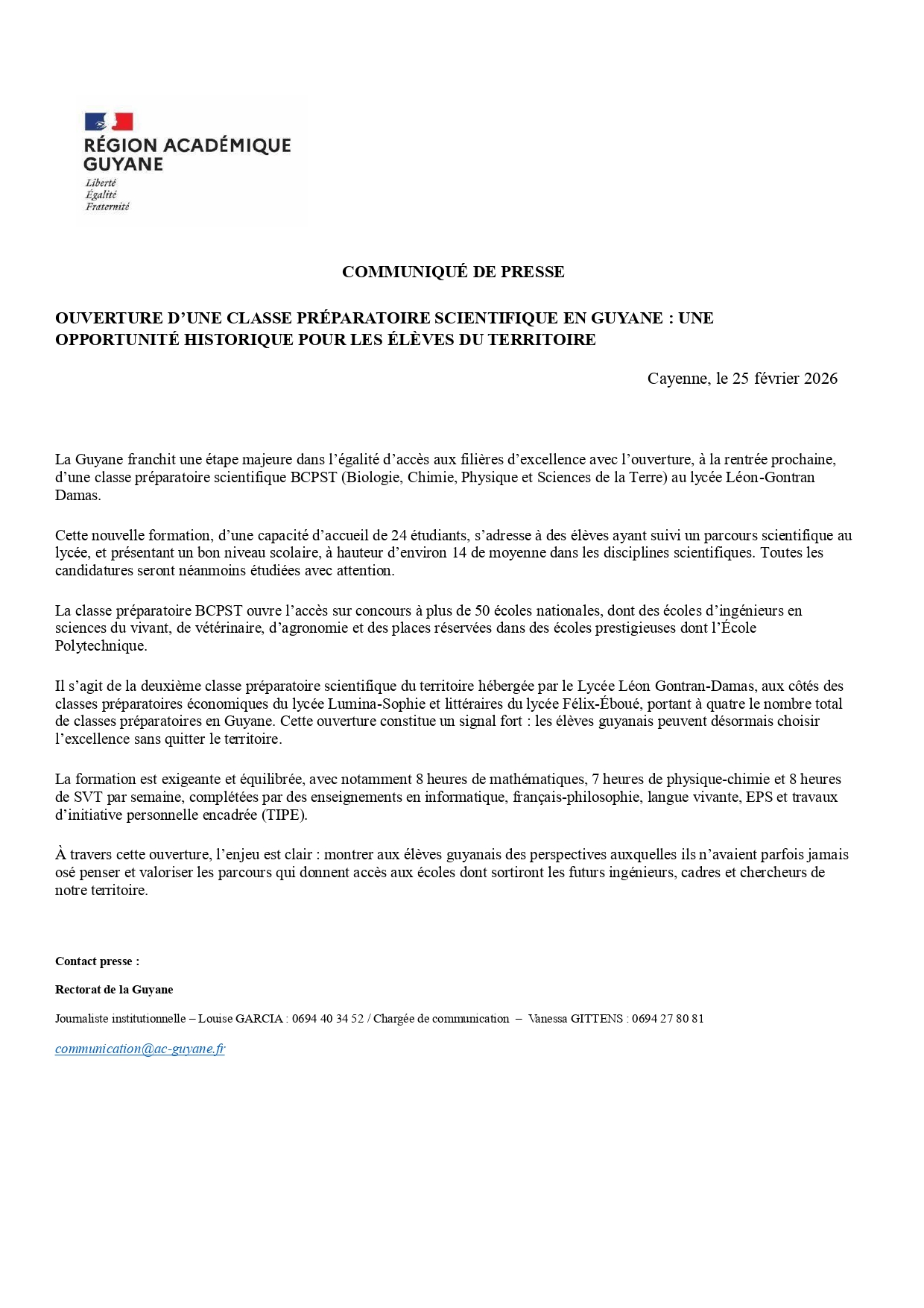 [CP] Ouverture d'une classe préparatoire scientifique en Guyane