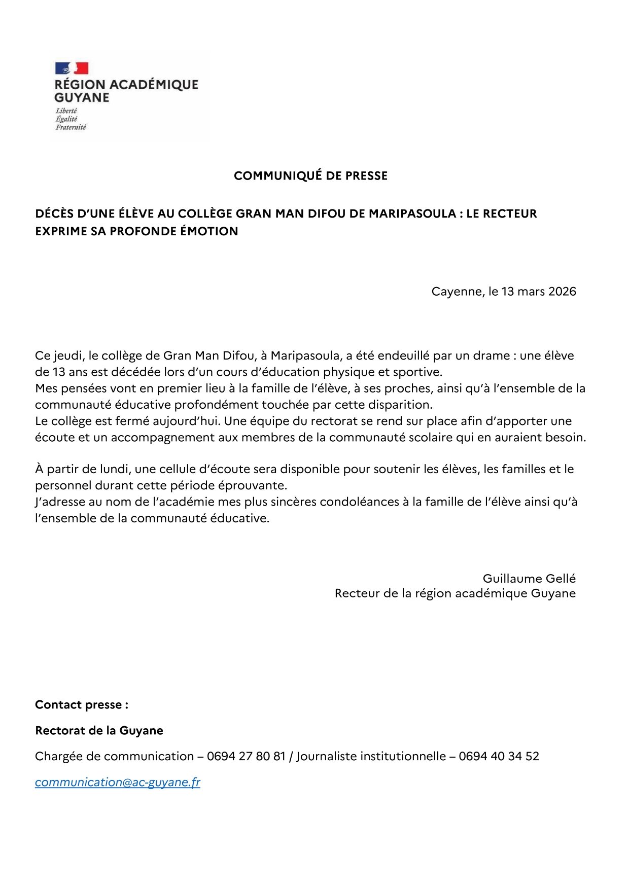 [CP] Décès d'une élève au collège Gran Man Difou de Maripasoula