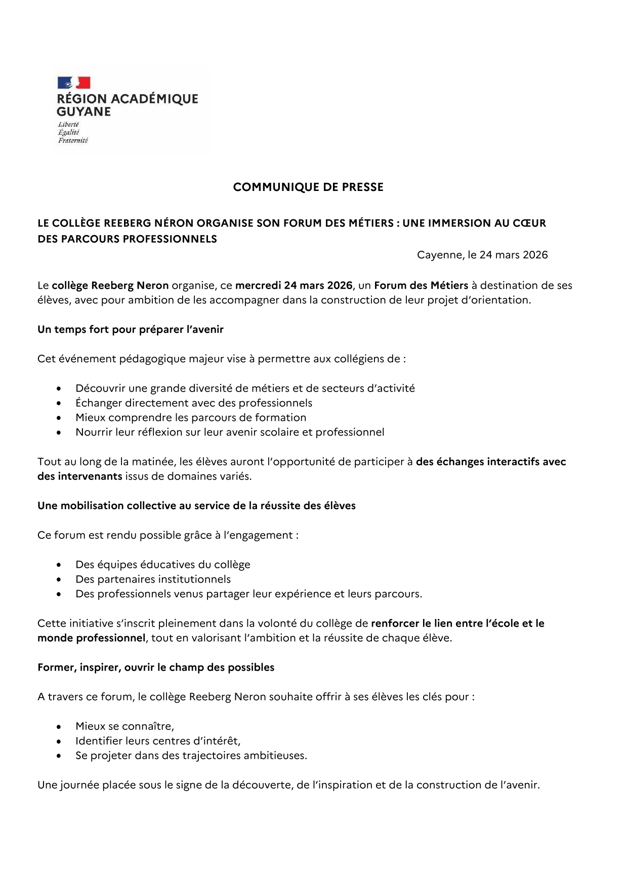 [CP] Le collège Reeberg Néron organise son forum des métiers