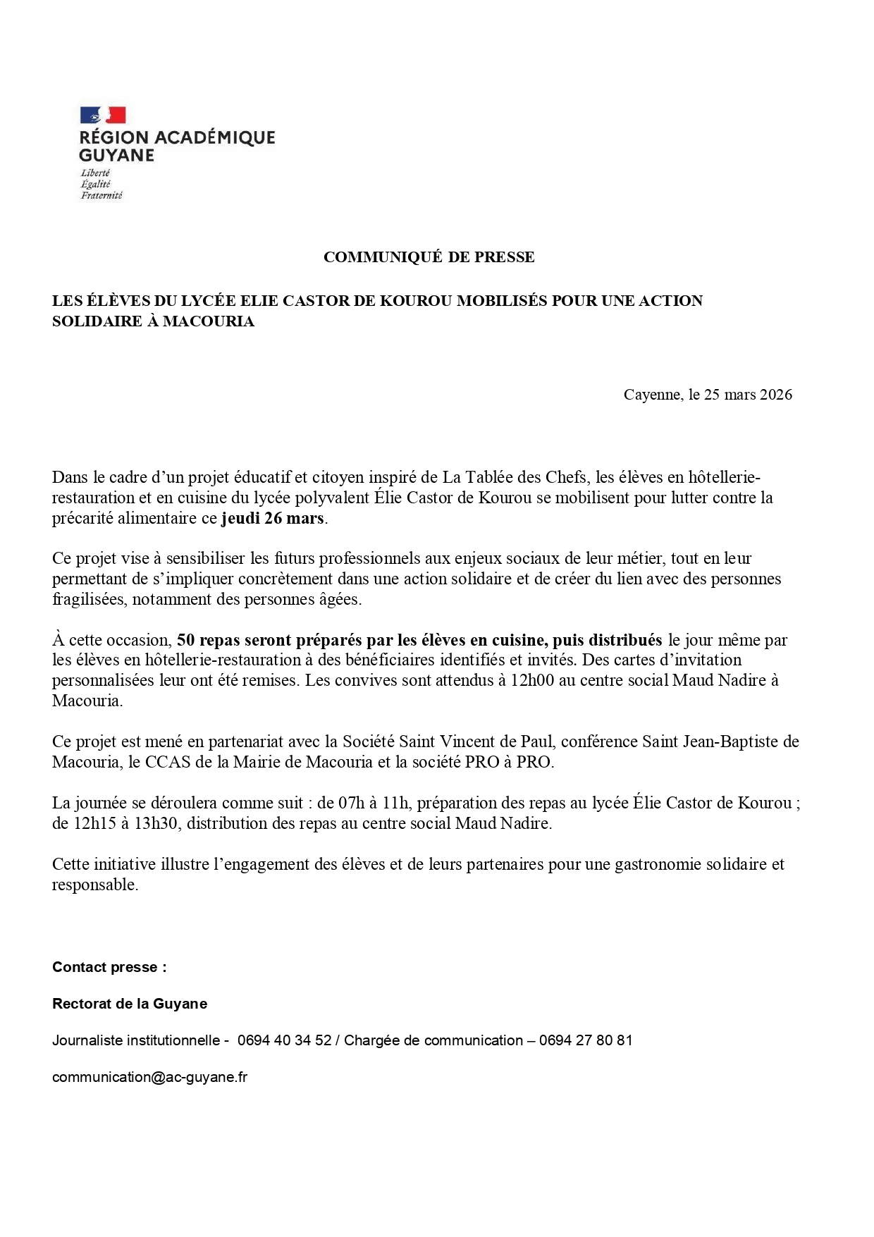 [CP] Les élèves du lycée Élie Castor de Kourou mobilisés pour une action solidaire à Macouria