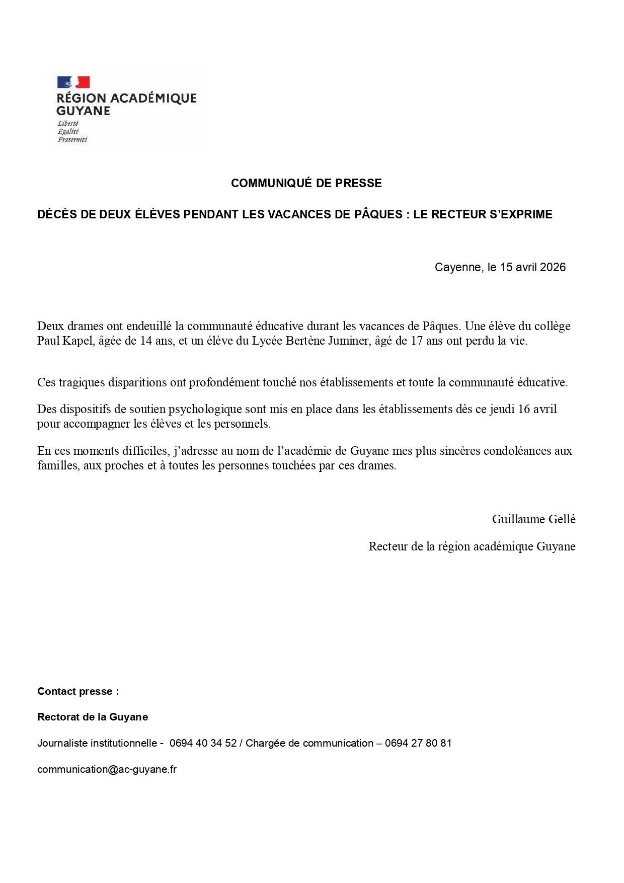 [CP] Décès de deux élèves pendant les vacances de Pâques : le Recteur s'exprime