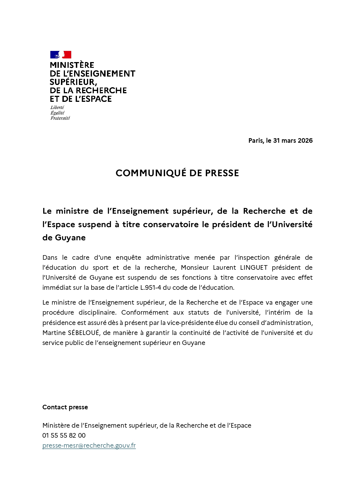 [CP] Le ministre de l'Enseignement supérieur suspend à titre conservatoire le président de l'UG