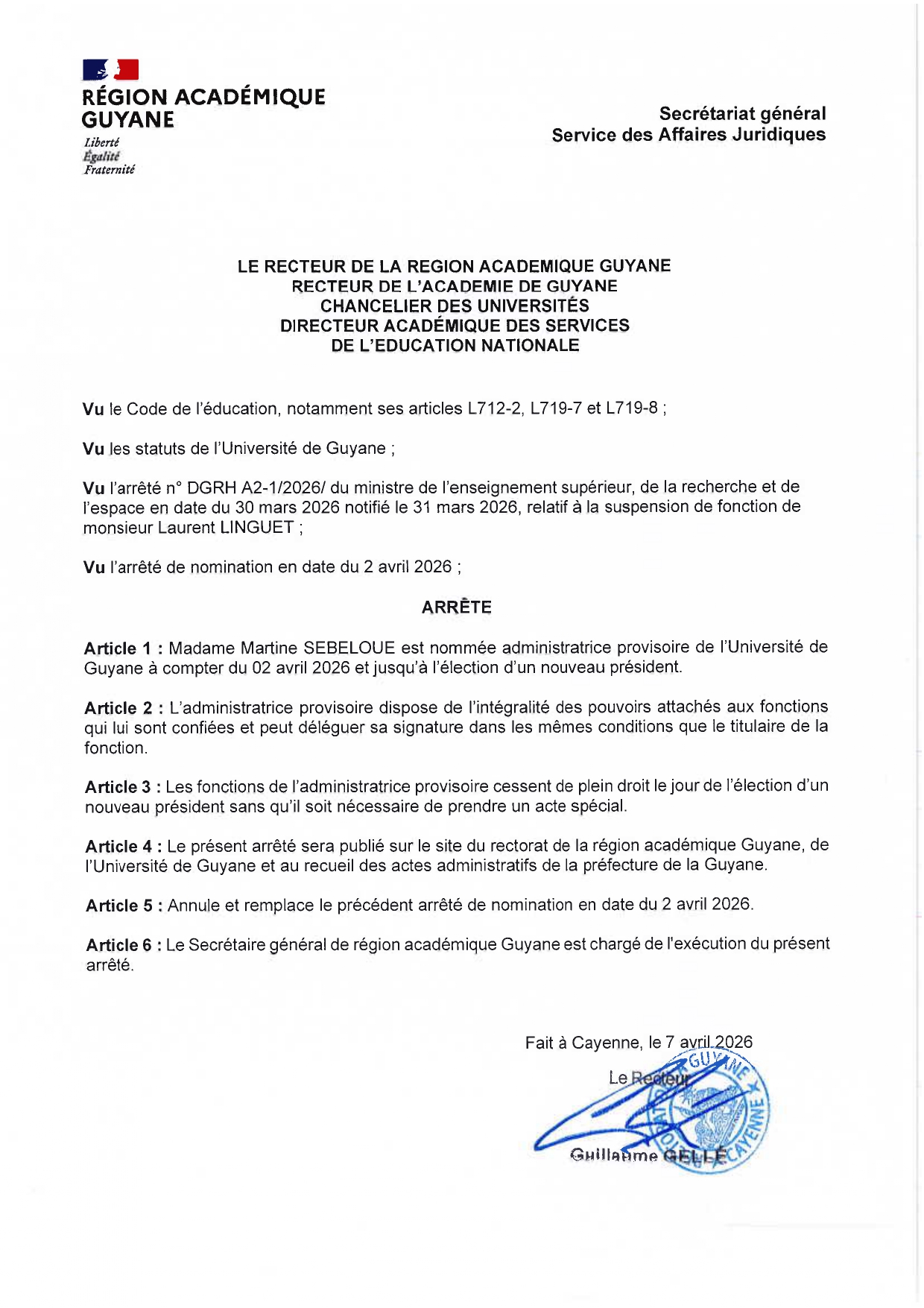 Arrêté de nomination - Administratrice provisoire - Université de Guyane