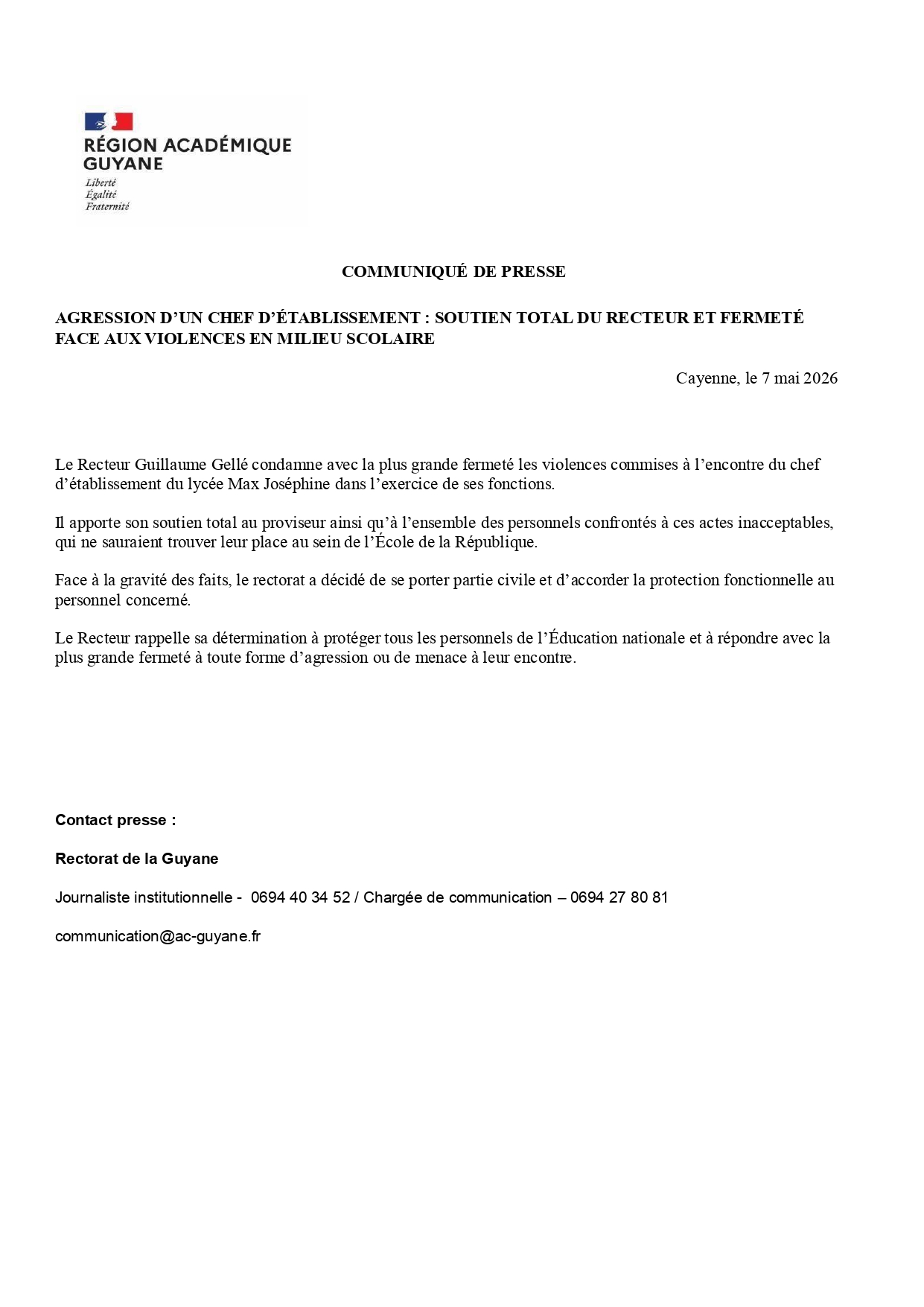[CP] Agression d'un chef d'établissement