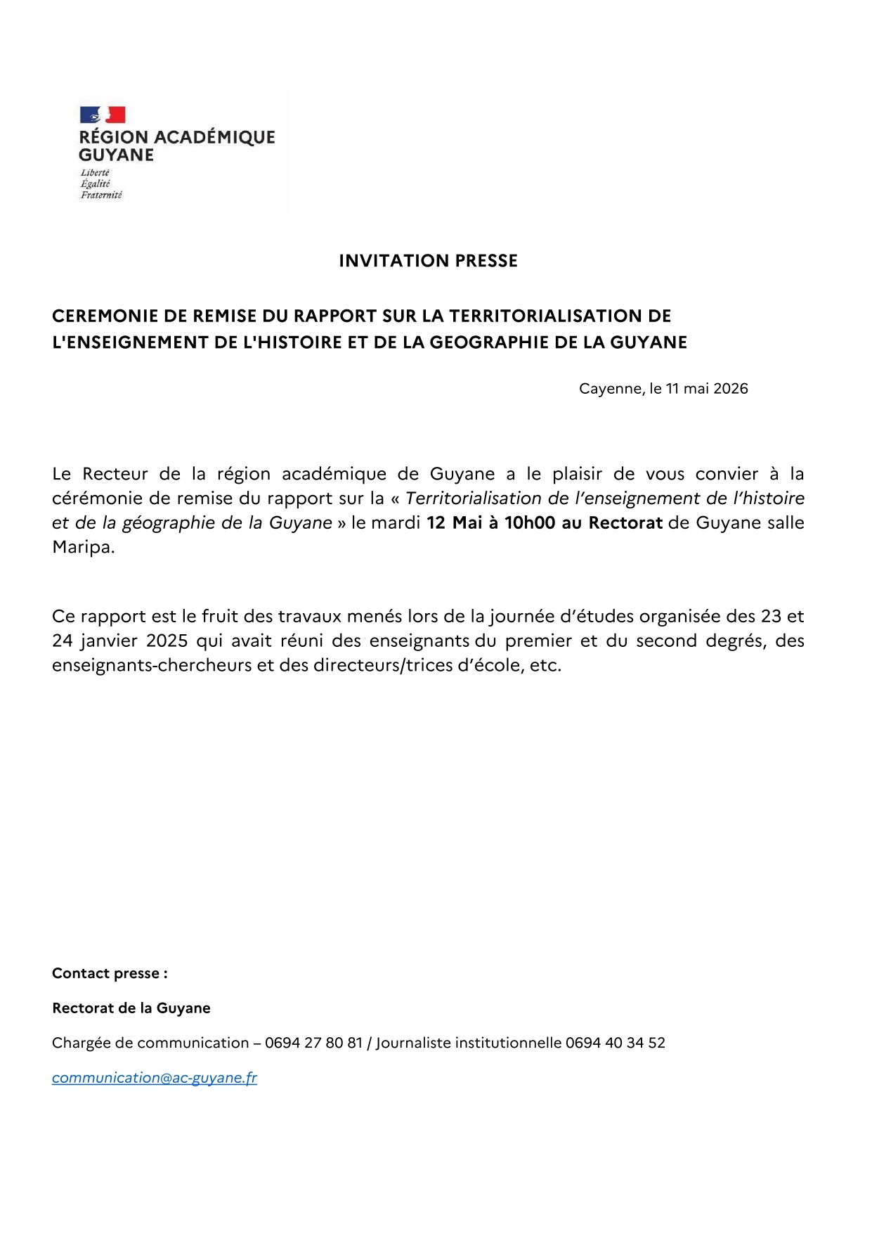 [CP] Cérémonie de remise du rapport sur la territorialisation de l'enseignement Histoire-Géographie