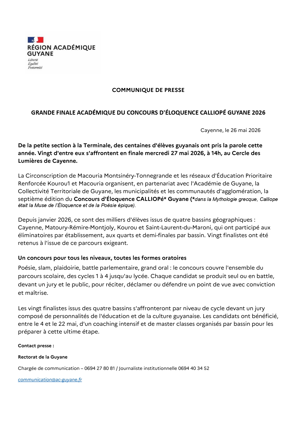 [CP] Grande finale académique du concours d'éloquence calliopé guyane 2026