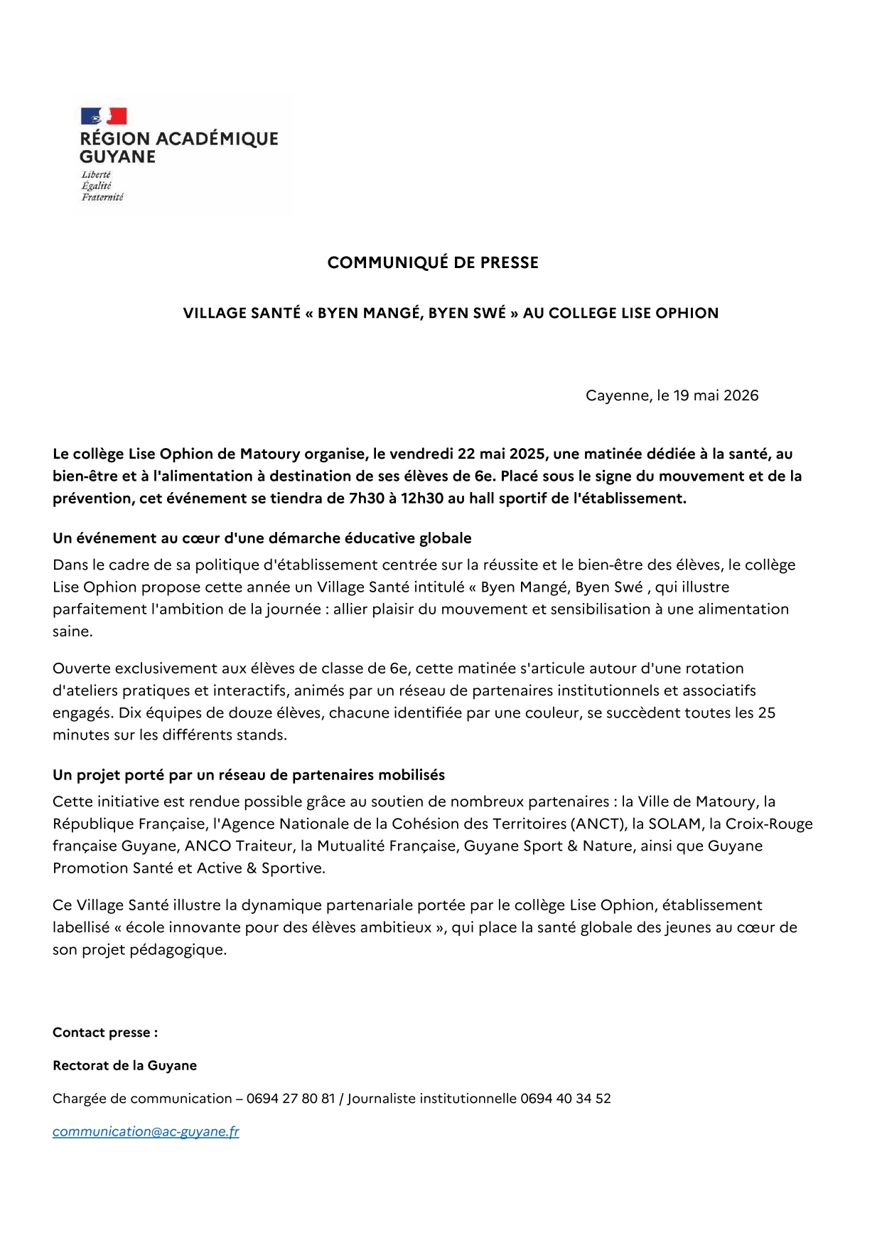 [CP] Village santé "Byen mangé, byen swé" au collège Lise Ophion