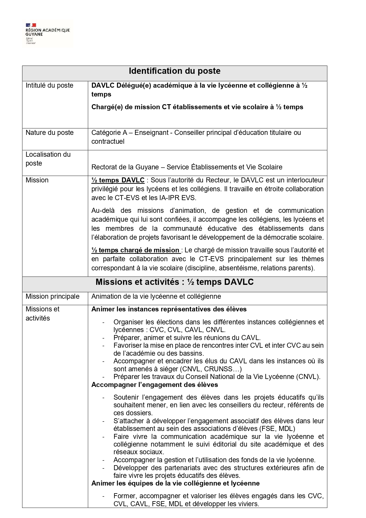 Temps complet - 50% DAVLC et 50% Chargé(e) de mission EVS 1