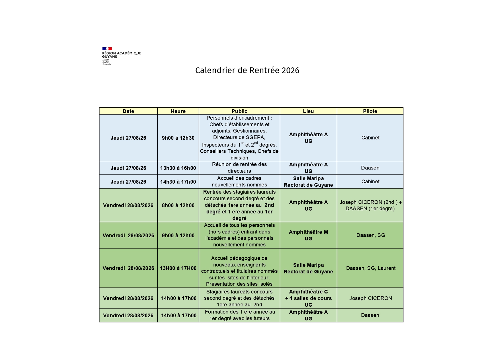 Planning de pré-rentrée 2026-2027