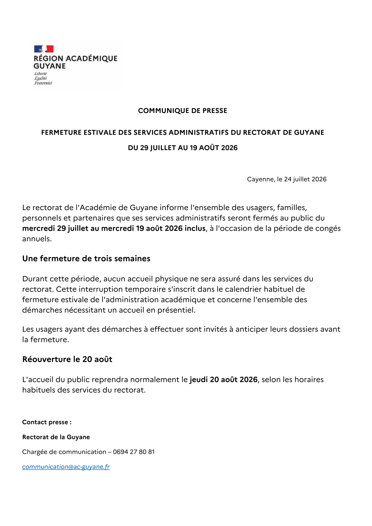 [CP] Fermeture des services administratifs du rectorat du 29 juillet au 19 août 2026